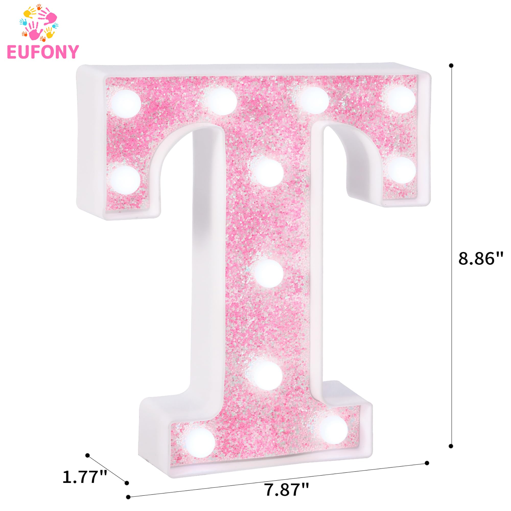 eufony LED Marquee Light Up Letter T, Glitter Pink, Battery-Powered, Cool White Lights for Bedroom Decor, Model W-PINK-LED-T