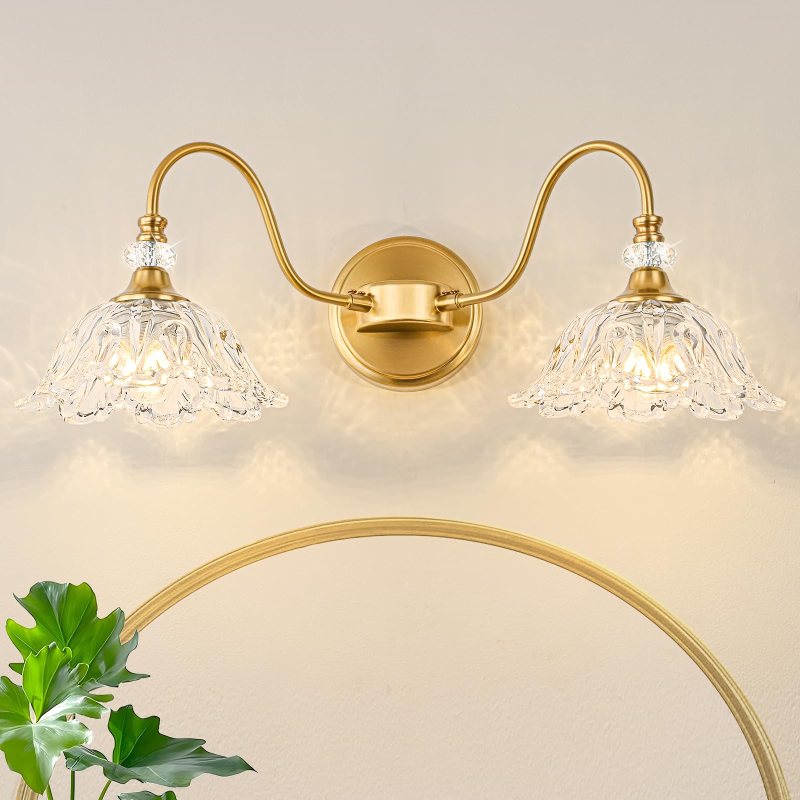 Sunkryster Gold Bathroom Vanity Light  2-Light Brushed Gold Finish Vanity Light With Floral Clear Glass Shades  Retro Wall Mount Lighting For Bathroom  Dressing Table