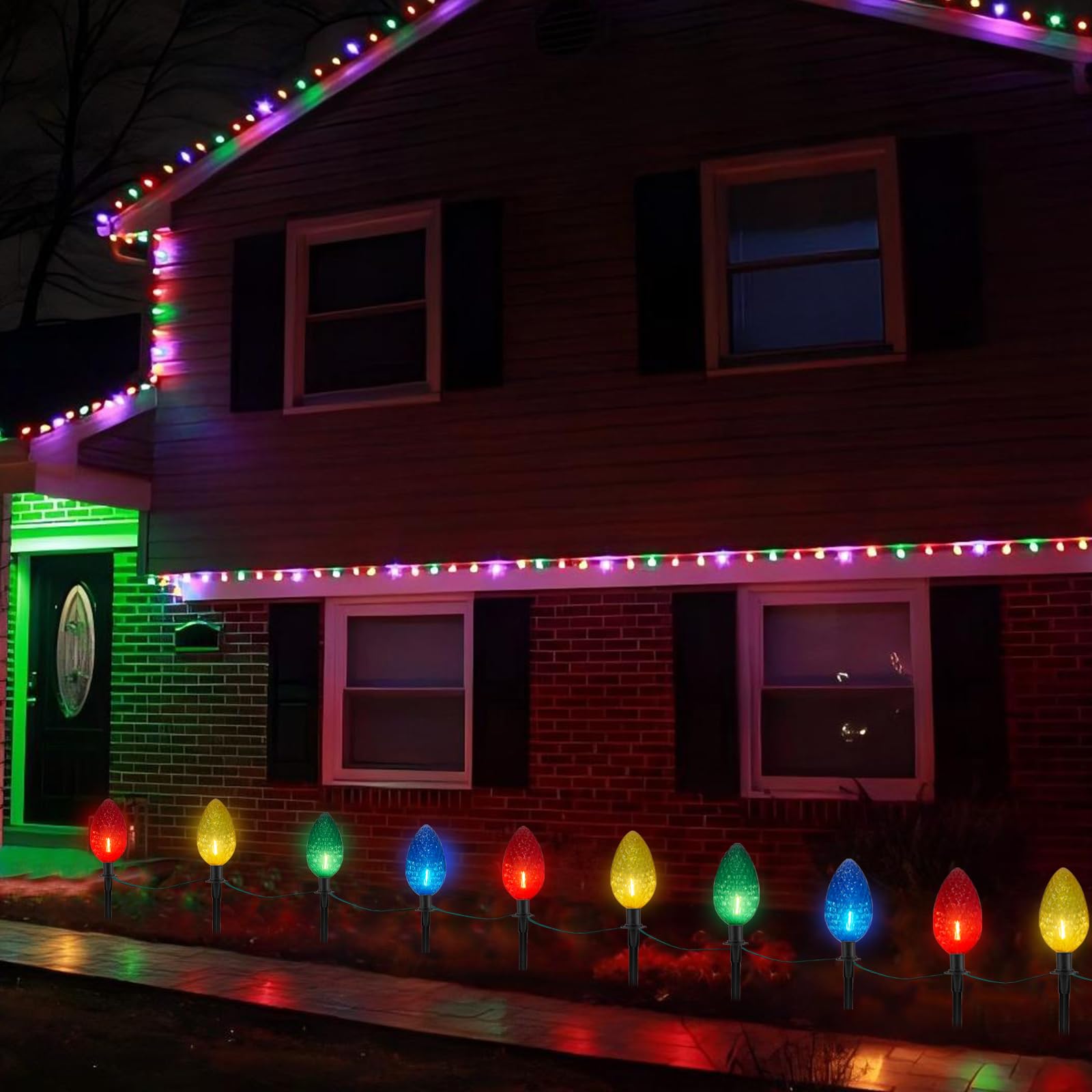 2 Pack Jumbo C9 Christmas Pathway String Lights Outdoor, Total 14 Feet Christmas Walkway Lights Waterproof With 8 Led C9 Jumbo M