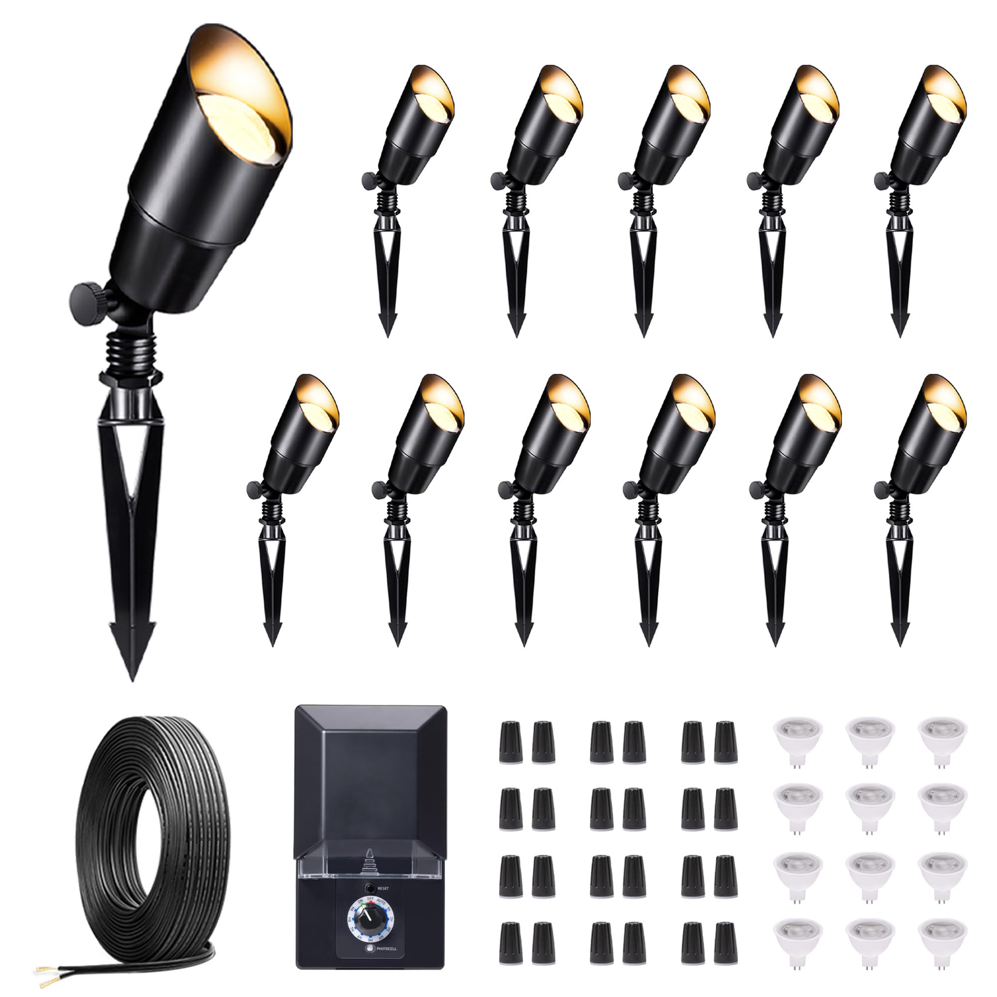Varmtalys Outdoor Low Voltage Lighting Kit, with 12 Pack Black LED Landscape Spotlight and 200W Transformer and 250FT Cable and 