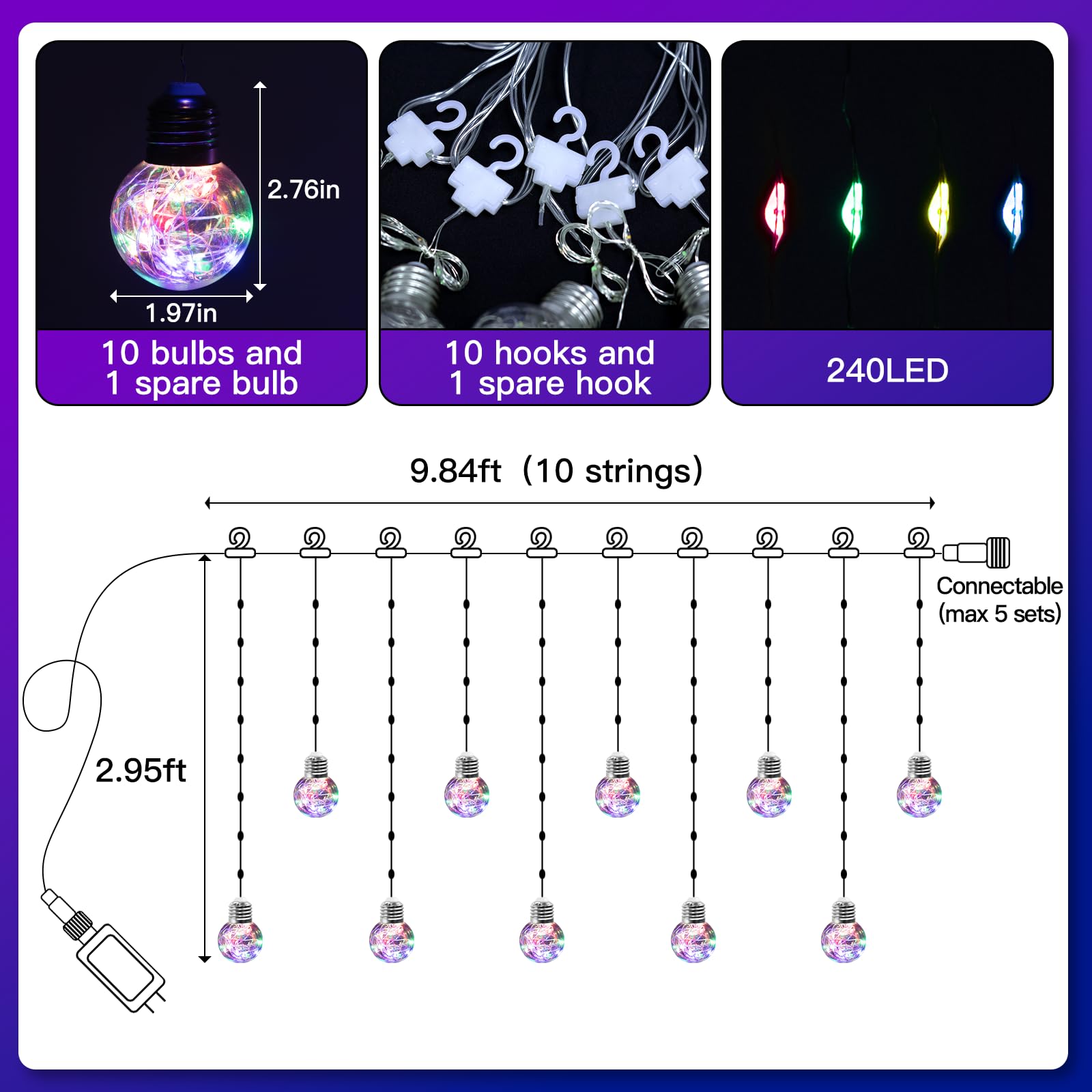 Lithome Wishing Ball Curtain Lights 240 Led Window Curtain String Lights With Remote, 8 Modes Plug In Twinkle Globe Lights, Wate