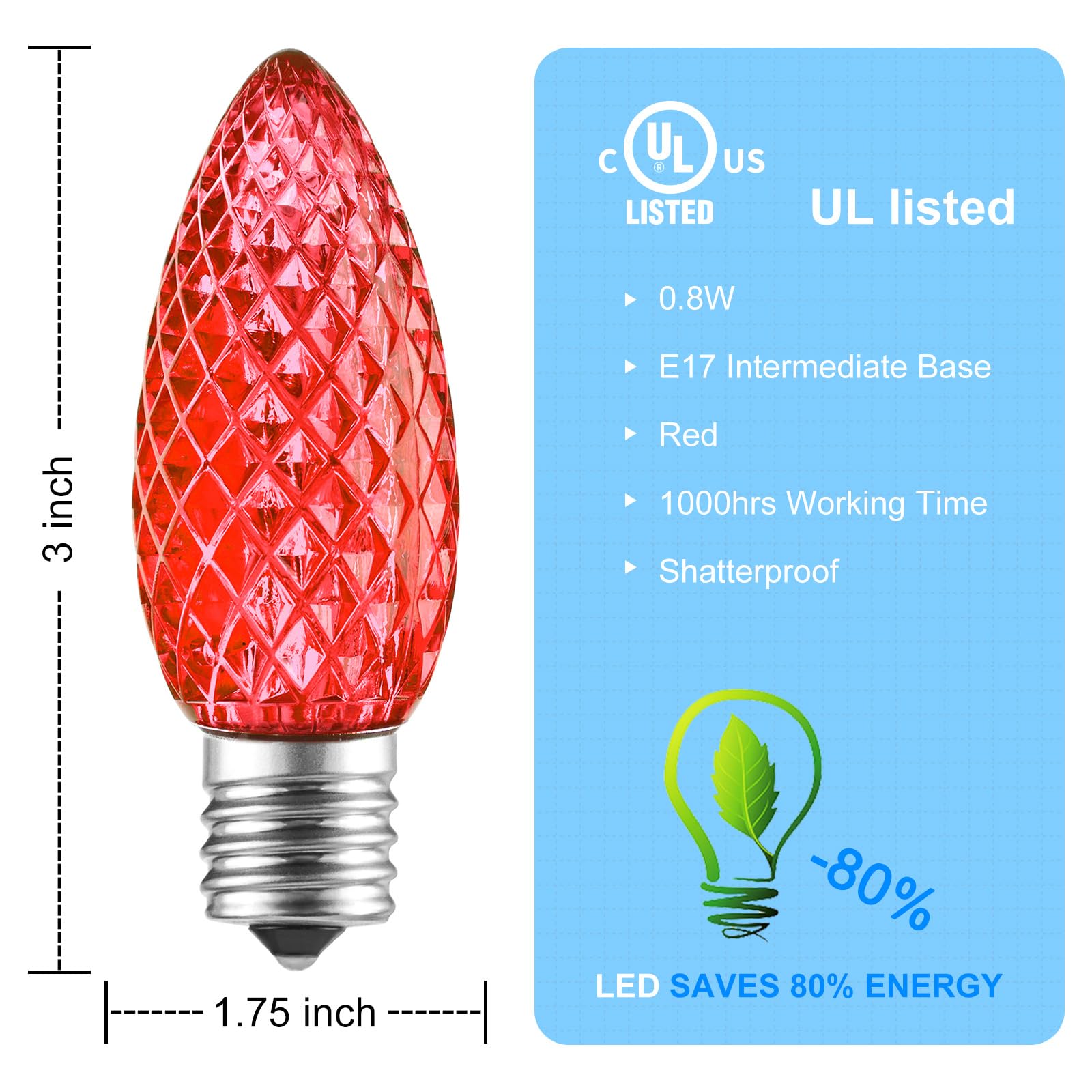Brightown 100 Pack C9 Led Replacement Christmas Light Bulb, C9 Shatterproof Led Bulb For Christmas String Light, E17 Intermediate Base, Commercial Grade Dimmable Bulbs, Red
