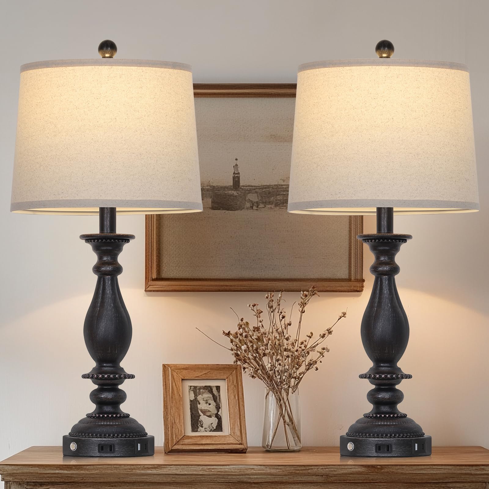 Cinsary 28'' Tall Farmhouse Table Lamps For Living Room Set Of 2,Vintage Rustic Black Bedside Touch Lamp With Usb C+A Ports & Ac