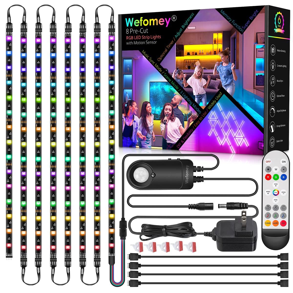 Wefomey 8 PCS RGB Under Cabinet Lighting Kit, 12V Motion Sensor LED Strip, 13ft, Music Sync, ETL Listed, Plastic
