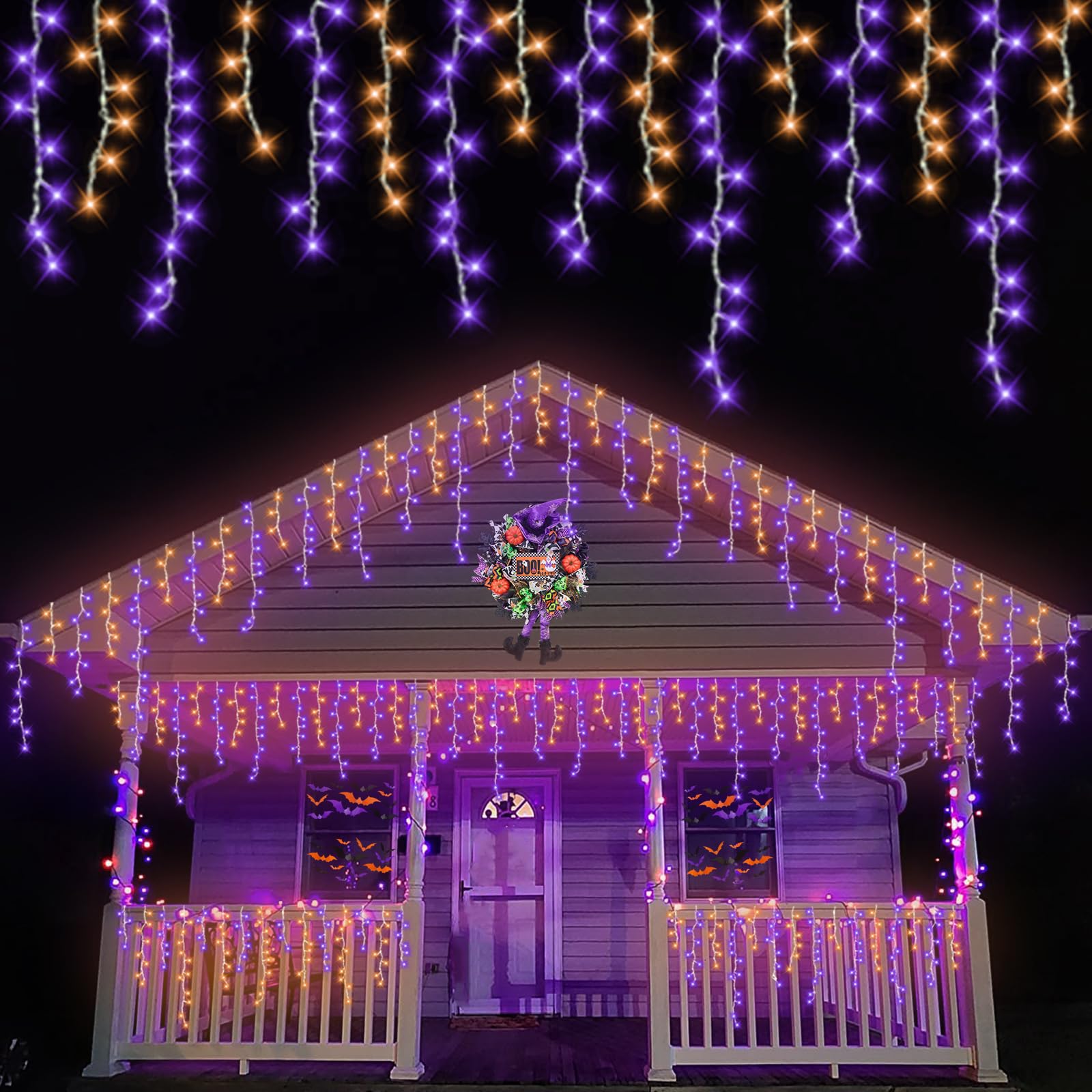 YEGUO Icicle Lights 66ft 800 LED Orange and Purple, 160 Drops, 8 Modes, PVC Material