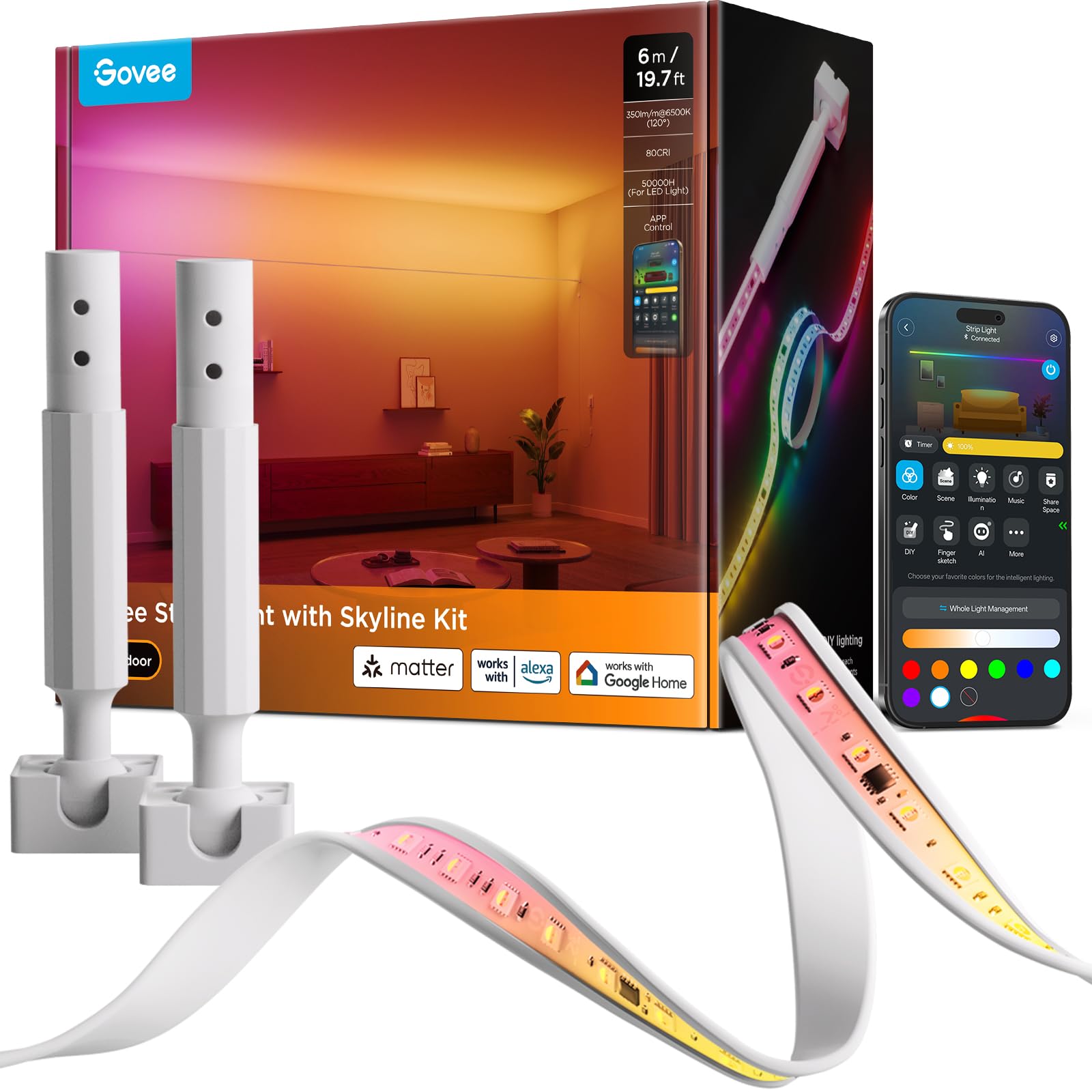Govee Band Light with Skyline Kit  19.7ft Smart LED Band Lights Compatible with Alexa  Google Assistant and Matter  RGBWWIC Color Changing Light Band  Music Sync  LED Lights for Bedroom  Party
