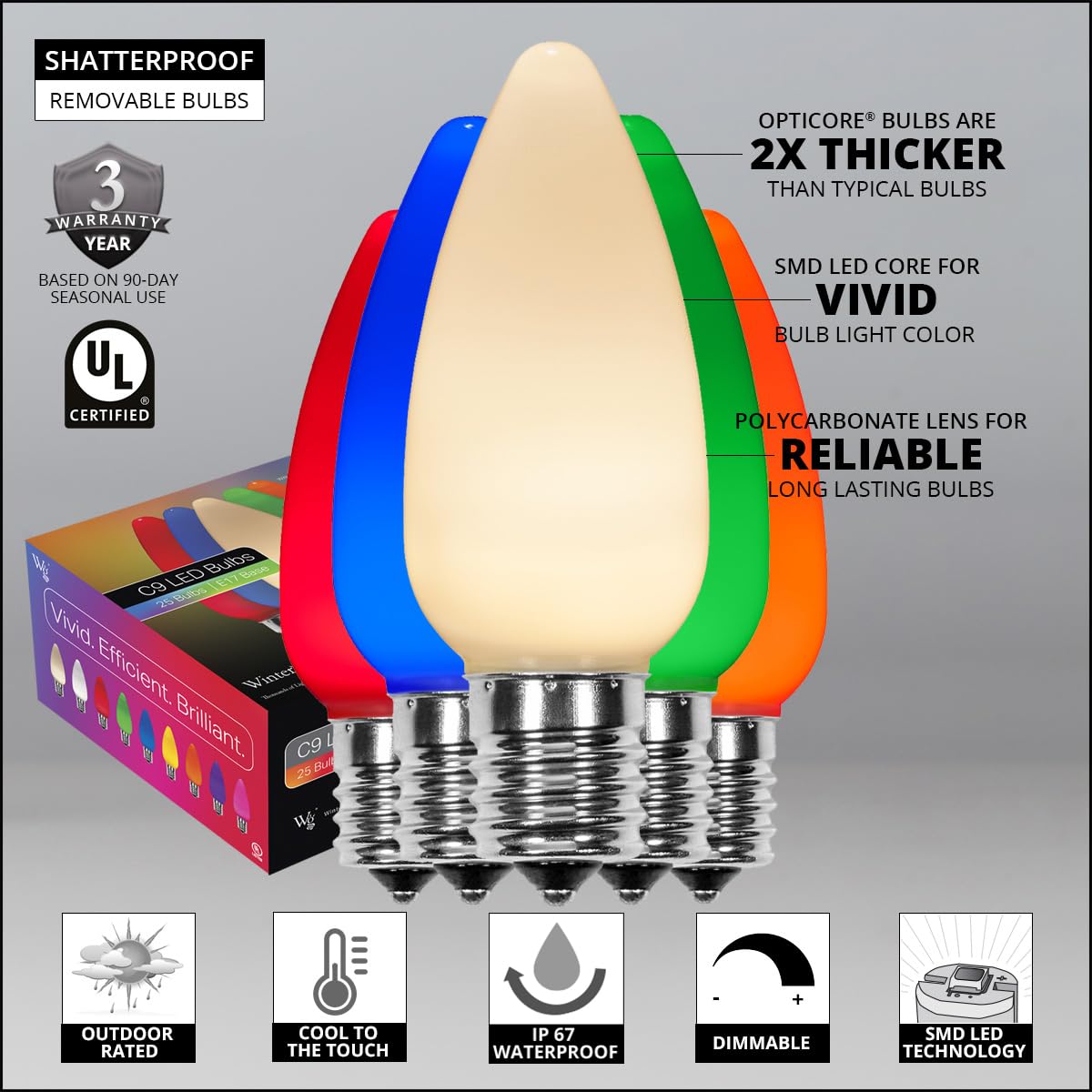 Wintergreen Lighting 25 Pack Opticore C9 Multicolor Smooth Finish Led Christmas Light Bulbs  Heavy Duty E17 Base Outdoor Christmas Lights Replacement