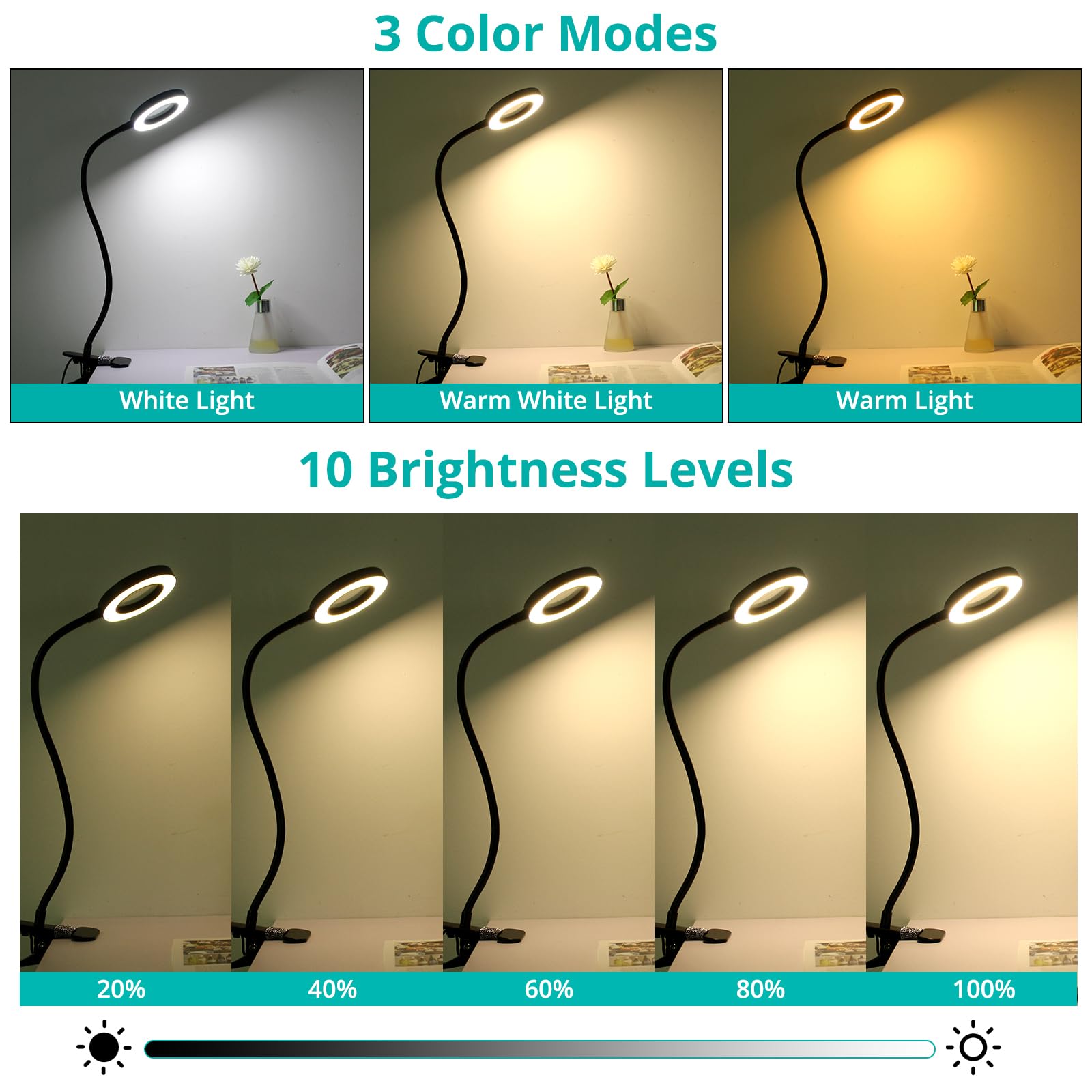 Desk Clip On Lamp With 5X Magnifying Glass, 10 Dimmable Brightness, 3 Modes, 5V 2A Adapter, Clamp Light For Reading, Craft, Pain