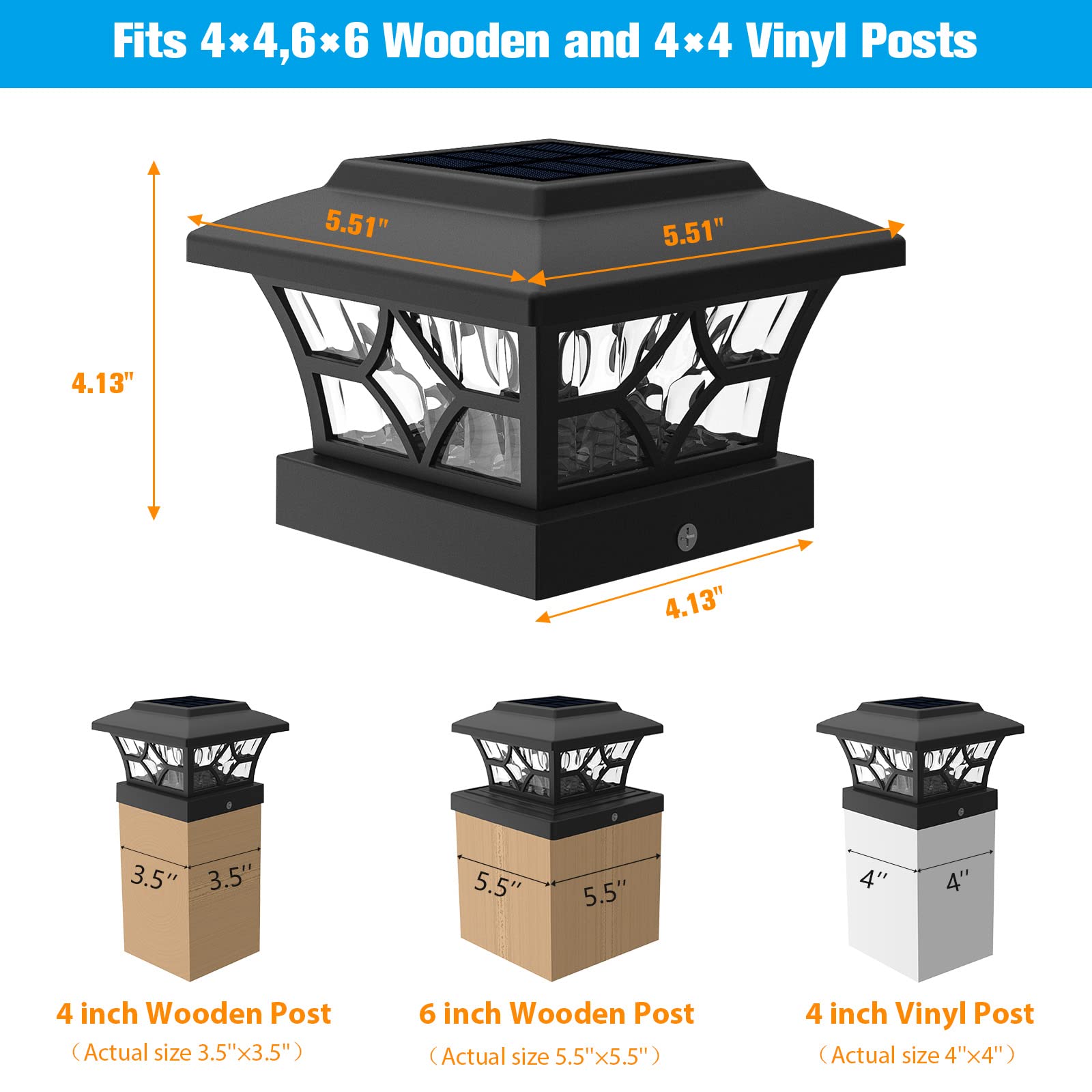 VOLISUN Solar Post Cap Lights, 4-Pack, Black, Waterproof, Suitable for 4x4 Vinyl/Wood Posts, Model 21153ZM