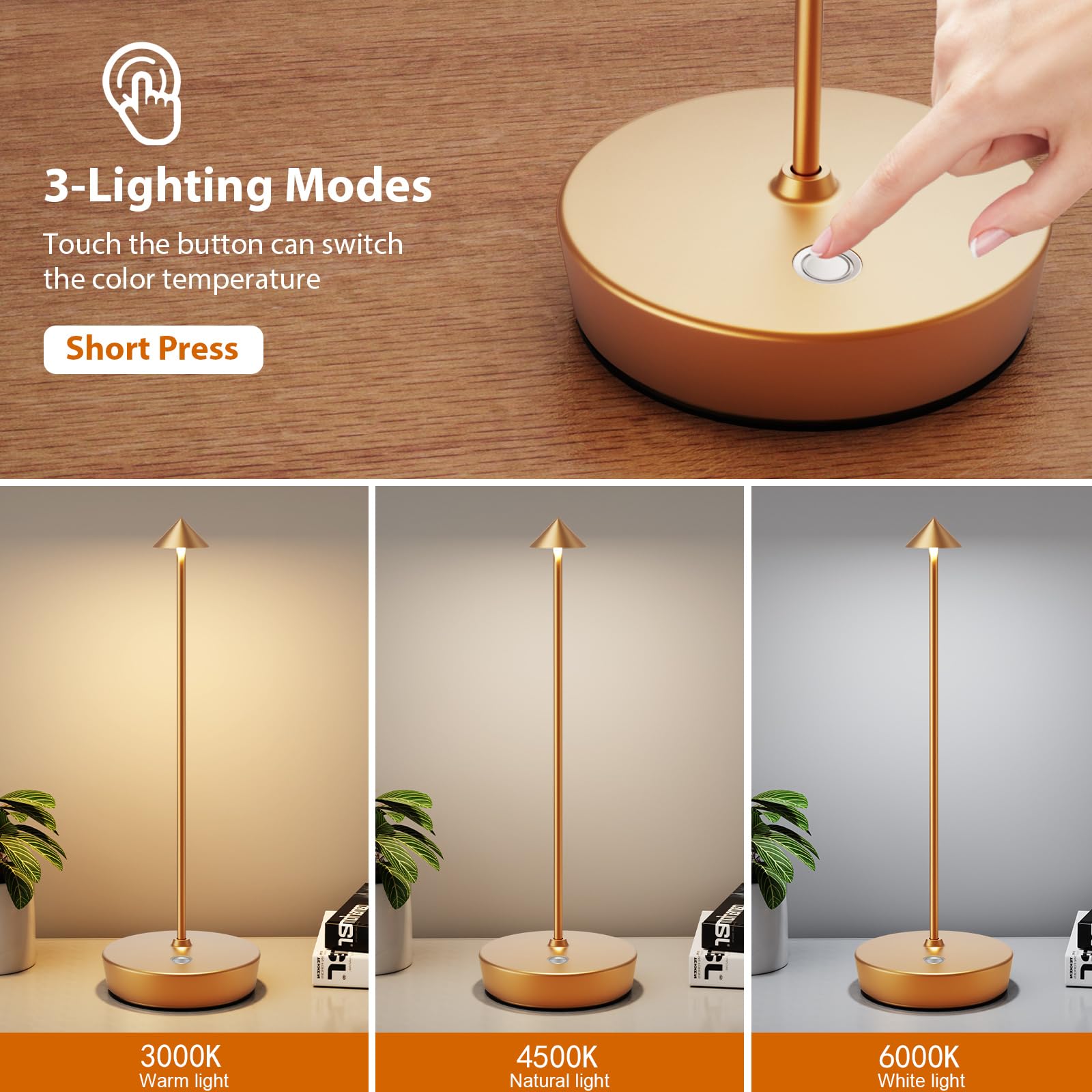 YIBEN Rechargeable Cordless Table Lamp, LED Battery 6000mAh, 3 Levels Brightness, 2pack Gold, Model X12