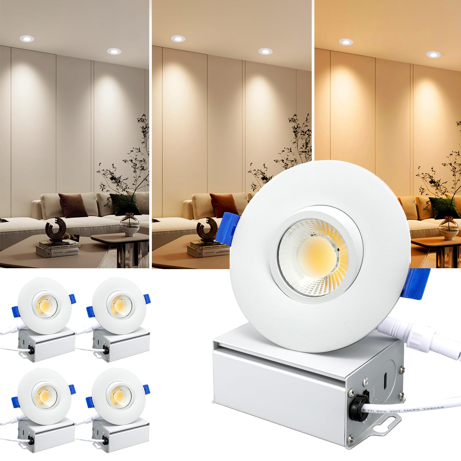 Sublimation 4 Packs 3 Inch 3Cct Gimbal Led Recessed Light With Junction Box 10W,Waterproof Recessed Lights For Shower,3 Colors Adjustable,Suitable For Bathroom,Parlor,Bedroom,Kitchen,Balcony