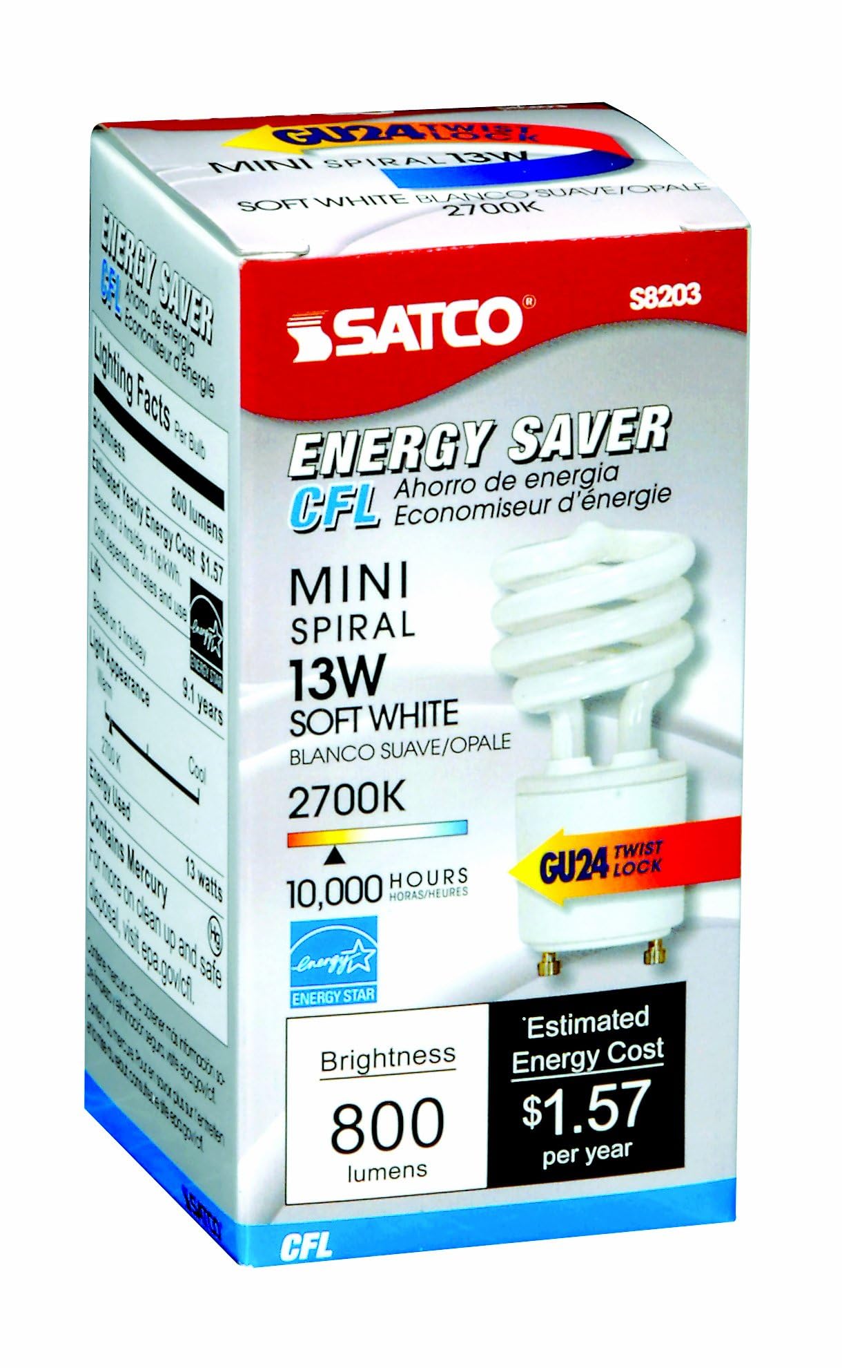 Satco Mini Spiral CFL Light Bulb S8203, 13 Watt (60 Watt Equivalent), 800 Lumens, GU24 Base, Soft White 2700K, Glass, 1 Count