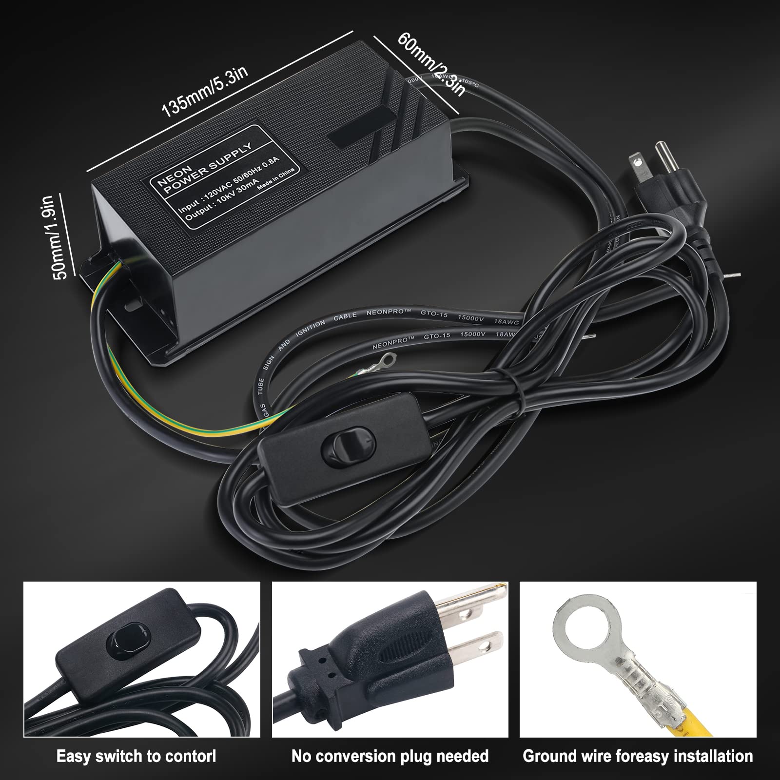 Yaeccc Power Supply for Glass Neon Signs - 10KV 30mA Transformer, 120V AC, Black, Model AB-0408