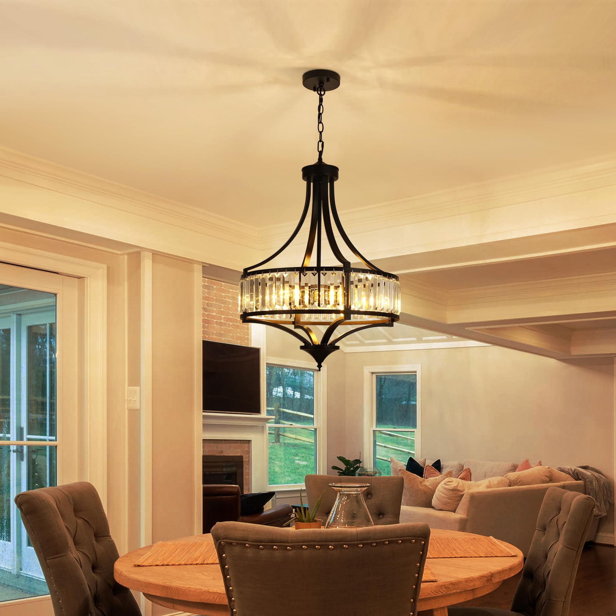 CNRATYE 20" Black Antique Crystal Chandelier, 5-Light Metal Pendant Light for Dining Room, Living Room, Kitchen Island