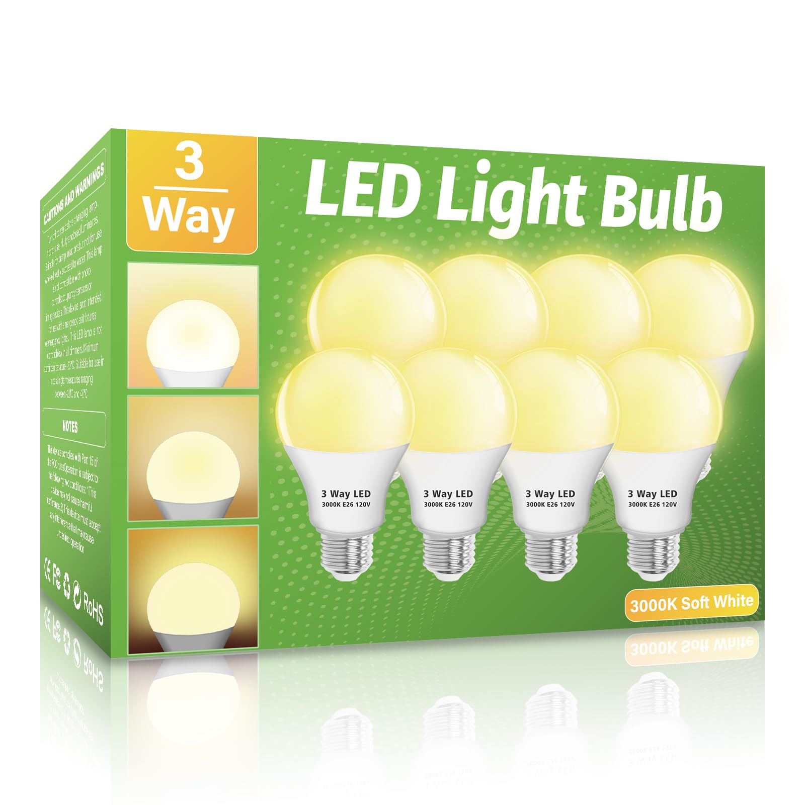 Wiyifada 3 Way Led Light Bulbs 8 Pack, Soft White 3000K, E26 Base, Indoor Reading
