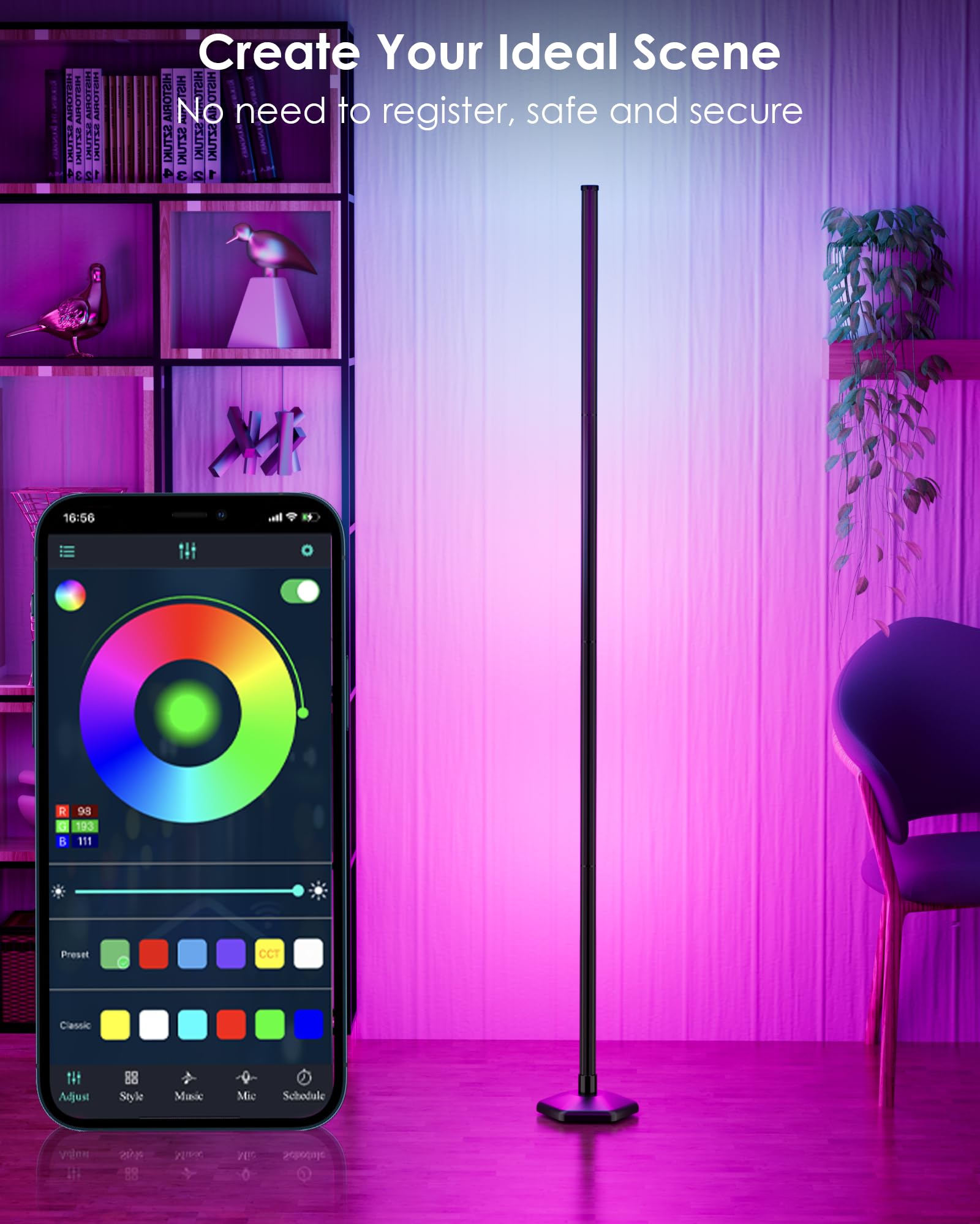 boostool RGB LED Corner Floor Lamp with Remote Control, 65in Color Changing Mood Light, Model QJD-SKS, 1-Pack