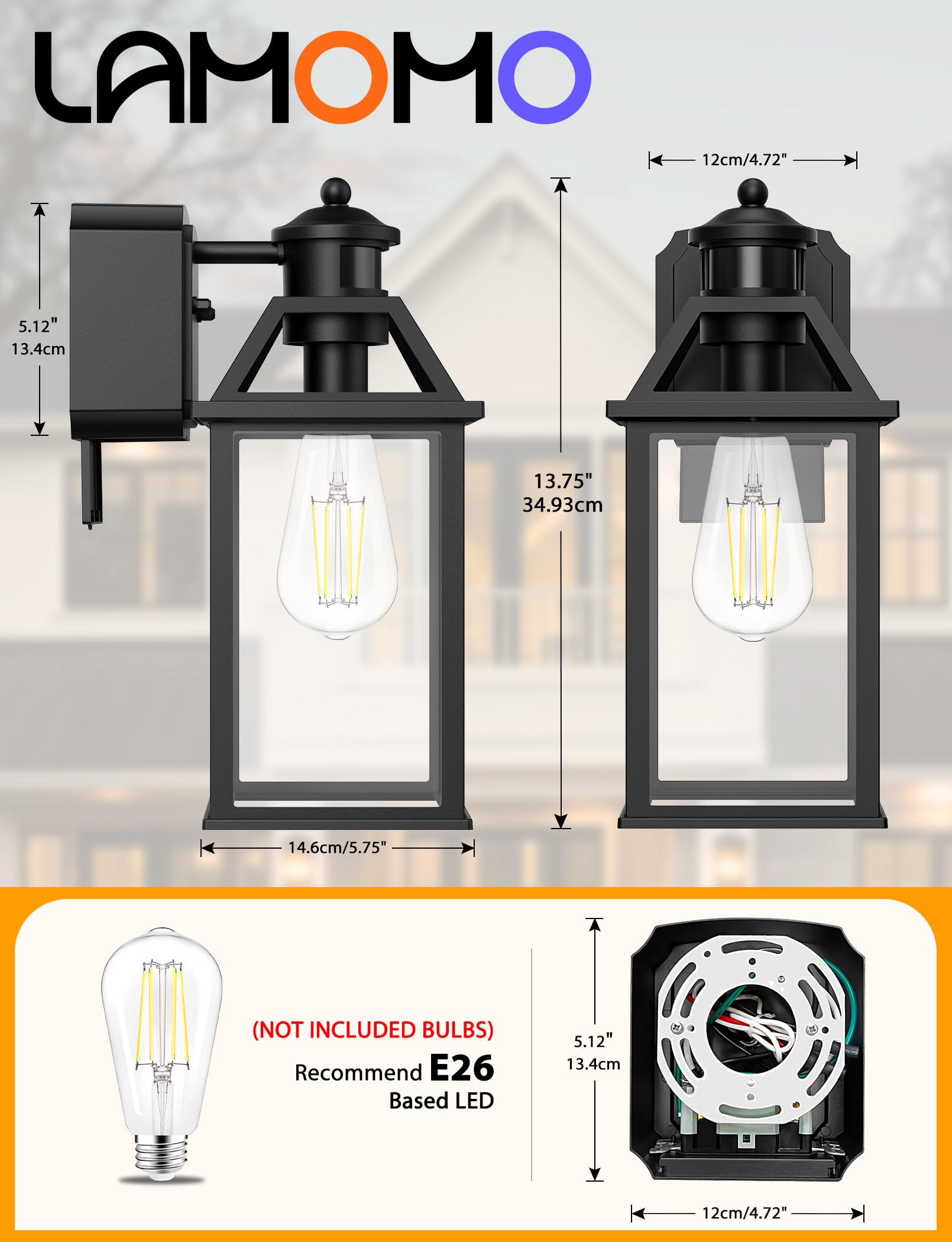 Porch Light With Gfci Outlet  14 Large Motion Sensor Outdoor Lights For House  Waterproof Exterior Lighting Fixtures  Black Anti-Rust Outside Wall Mount Sconce For Patio Front Door Entryway  E26