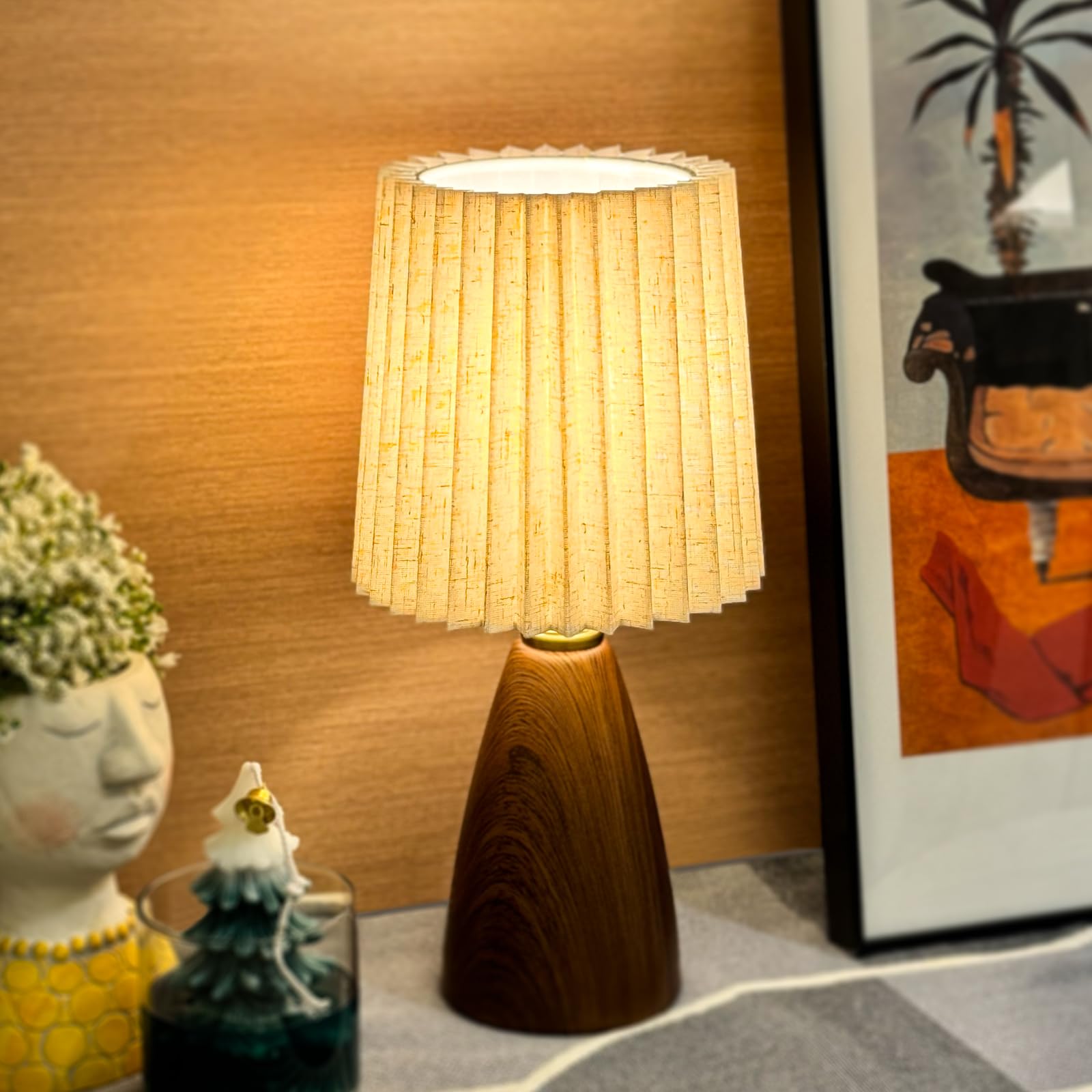 nomoluke Small Pleated Table Lamp for Bedroom, Bedside Lamps for Nightstand, Dimmable Desk Lamp Ceramic Wood Grain Base Round Fl