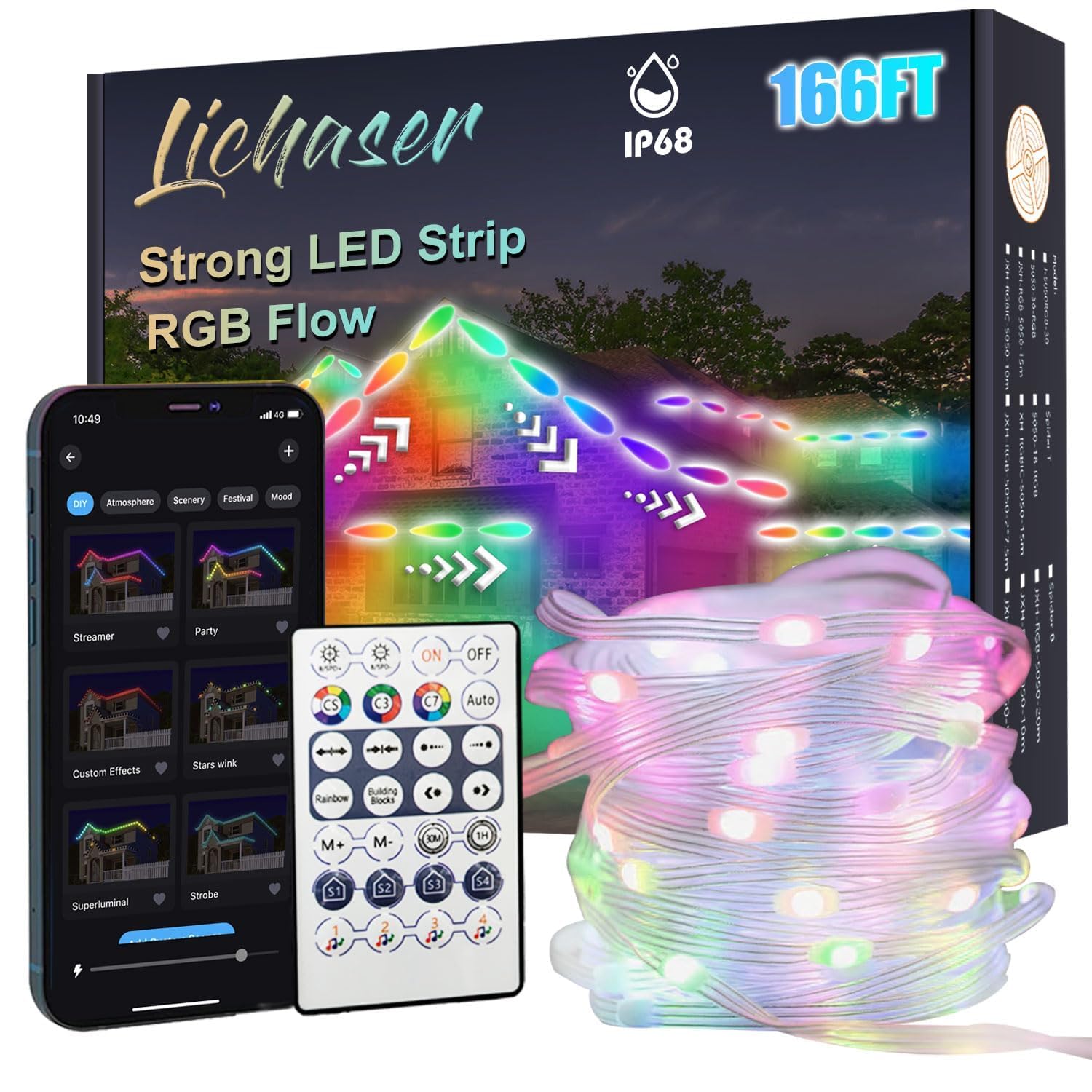 Lichaser IP68 166FT RGB+IC Waterproof LED Strip Lights Outdoor, DIY, Chasing, Segment LED Lights Strip Work with BT APP and RF R