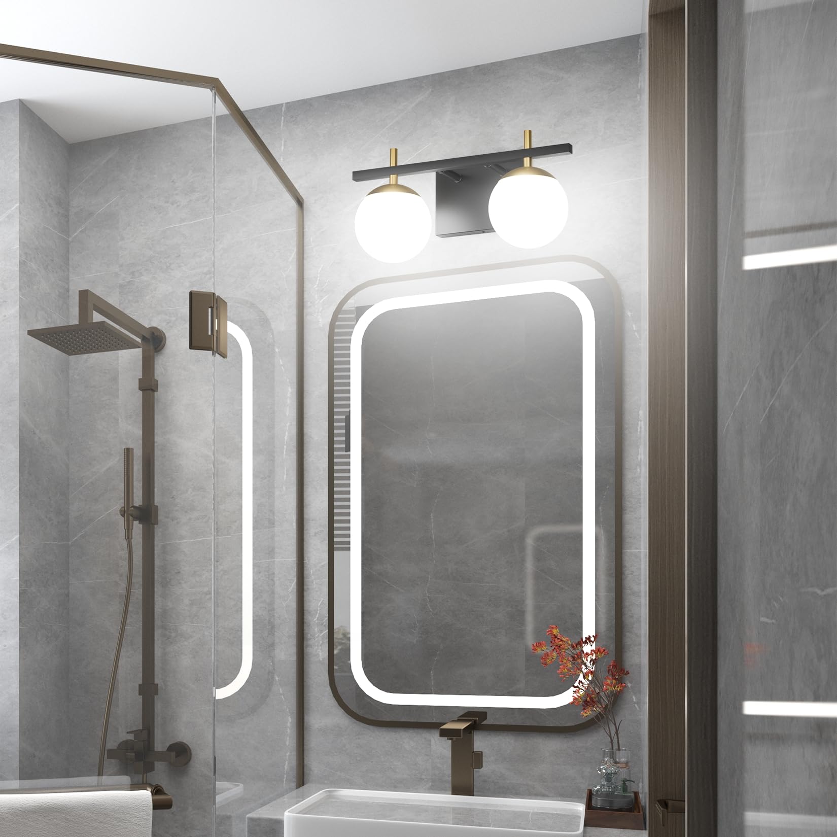 Ralbay 2-Light Bathroom Vanity Light, Mid Century Modern Black/Gold, Aluminum with Milky Glass Balls, Model 1100