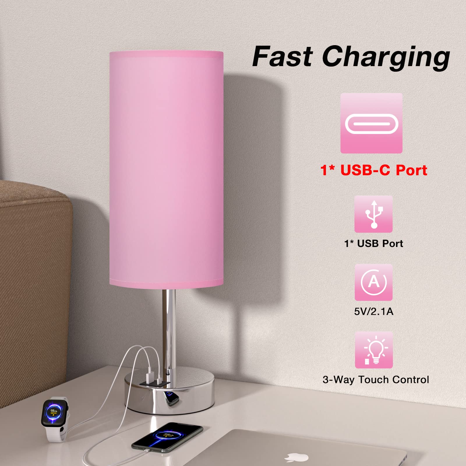 Pink Touch Nightstand Lamps For Girl - Small Desk Bedside Lamp With Usb-C And Usb Charging Ports, 3 Way Dimmable Control Table L