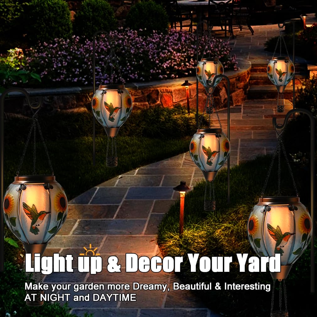 Hot Air Balloon Solar Lantern - Large Hummingbird Glass Lantern  Simulated Flickering & Dancing Flame  Outdoor Hanging Sunflower Yard Light Waterproof Ip65 For Patio Lawn Porch Decor Gift