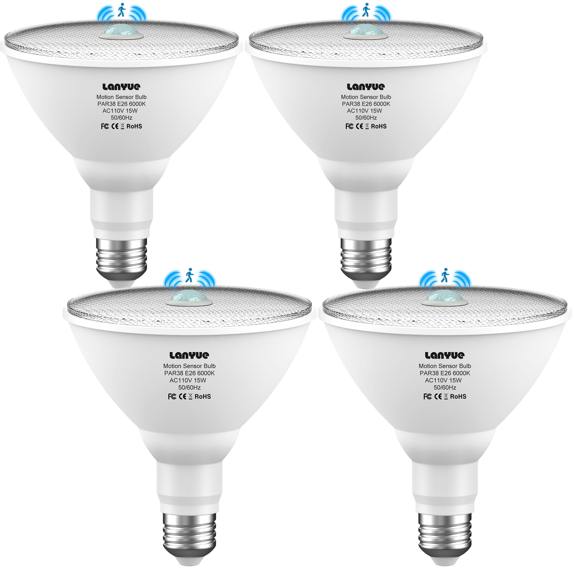 lanyue Motion Sensor Light Bulbs  Dusk to Dawn Outdoor Lighting  PAR38 Led Motion Sensor Flood Light 100 Watt Equivalent(15W)  6000K Daylight  Waterproof Outdoor/Indoor (4 Pack)