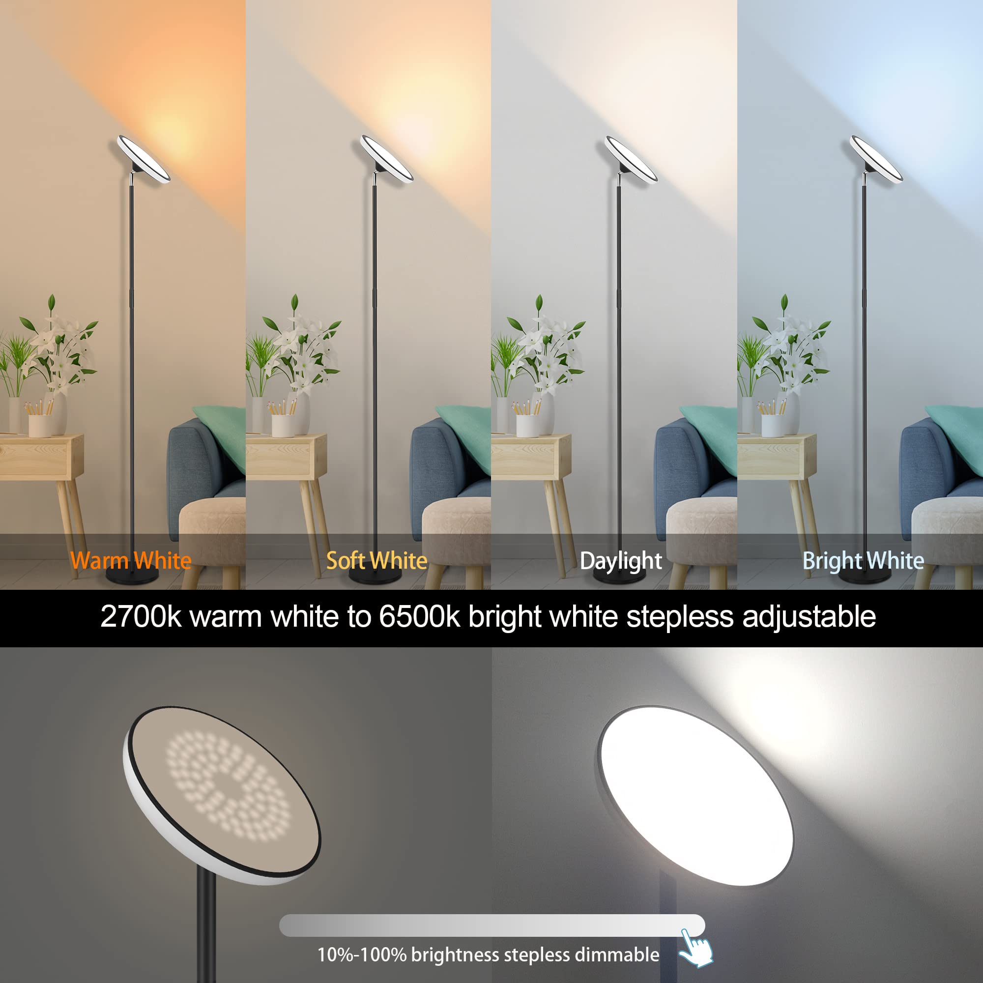 WOWLUMEN Modern Torchiere Floor Lamp, 42W 3700LM, Dimmable LED, Remote, 5 Color Temperatures, Black, Model FLG-042-F2