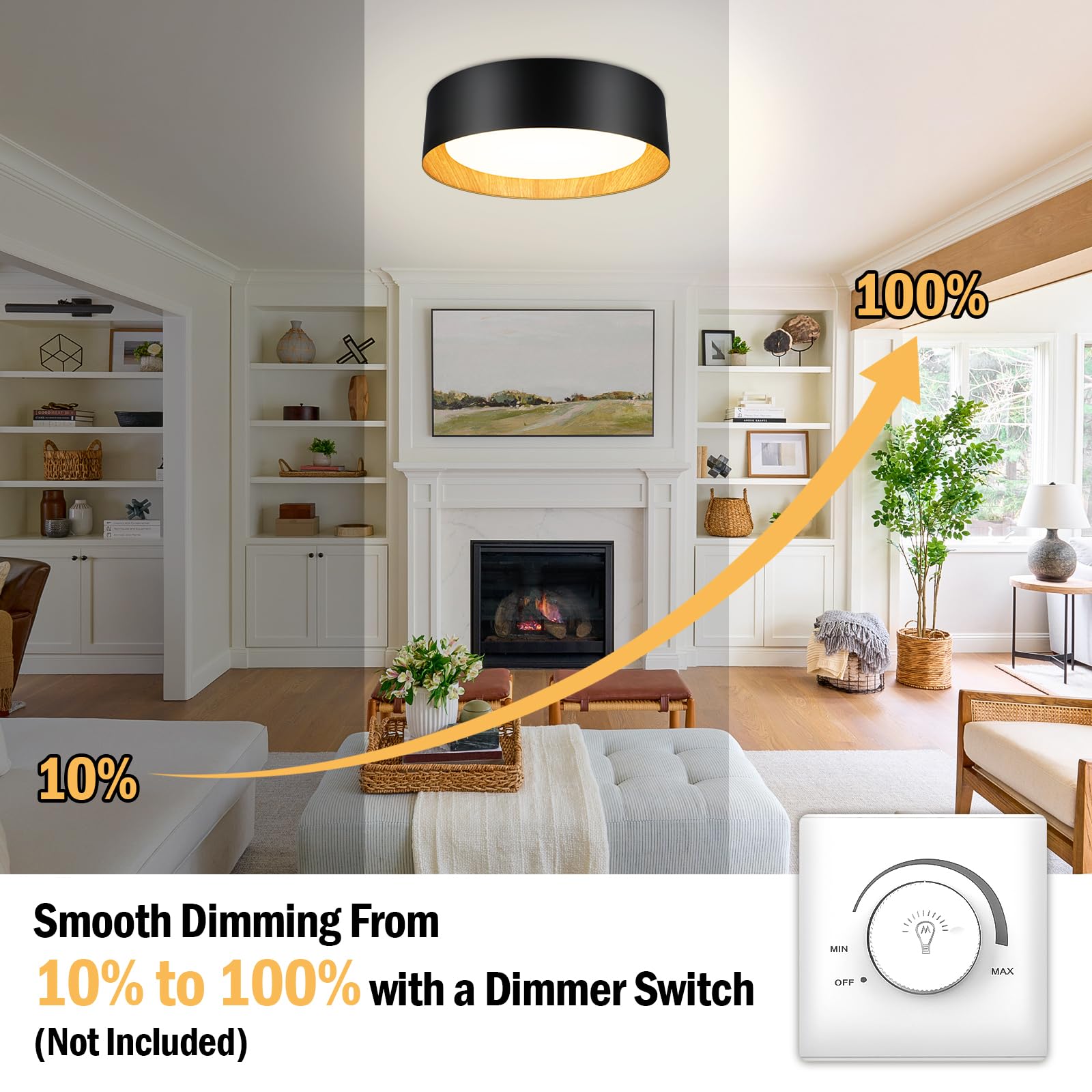 BrightHome Flush Mount Ceiling Light, 13in, 25W LED, Dimmable, Wood Accent, Model BLCL401325WAC-5CCT