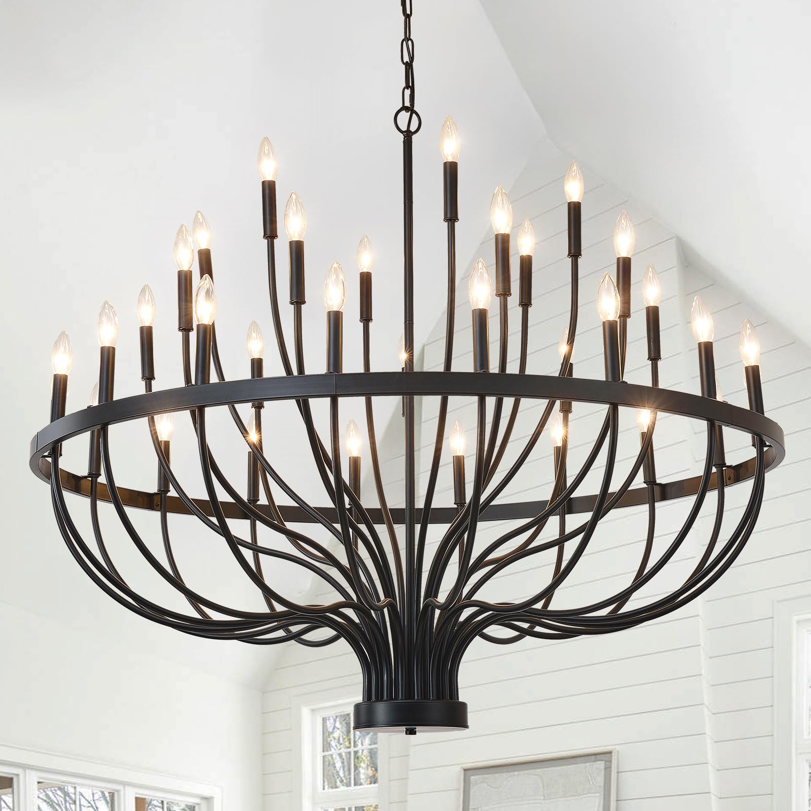 HHR 48-Inch Farmhouse Foyer Chandelier Entryway High Ceiling, 33-Light Candle Chandelier Light Fixtures Modern Black Chandeliers