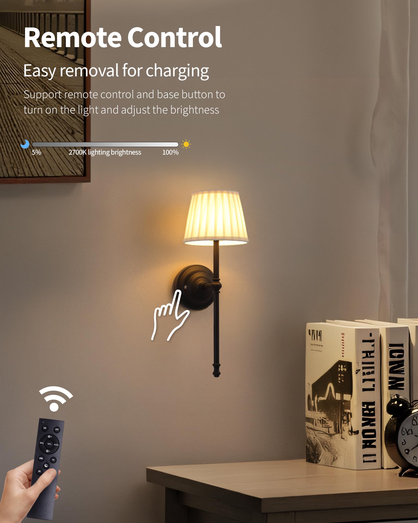 KDG Cordless Wall Sconces Set of 2, Black Fabric LED Lamps, Rechargeable 5200mAh, Portable Lighting for Living Room, Bedroom, Hallway