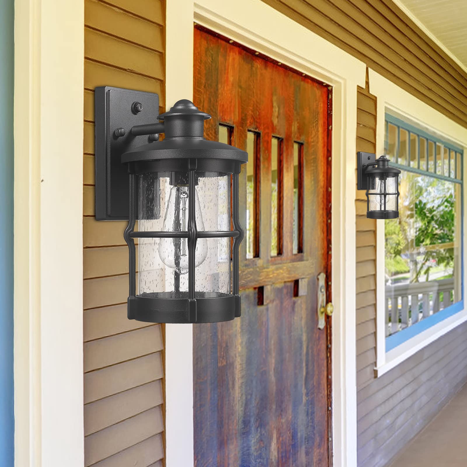 Rosient Outdoor Wall Sconce - Dusk to Dawn Black Metal Entryway Light Fixture, Model DDLTM-W, Seeded Glass, 1 Pack