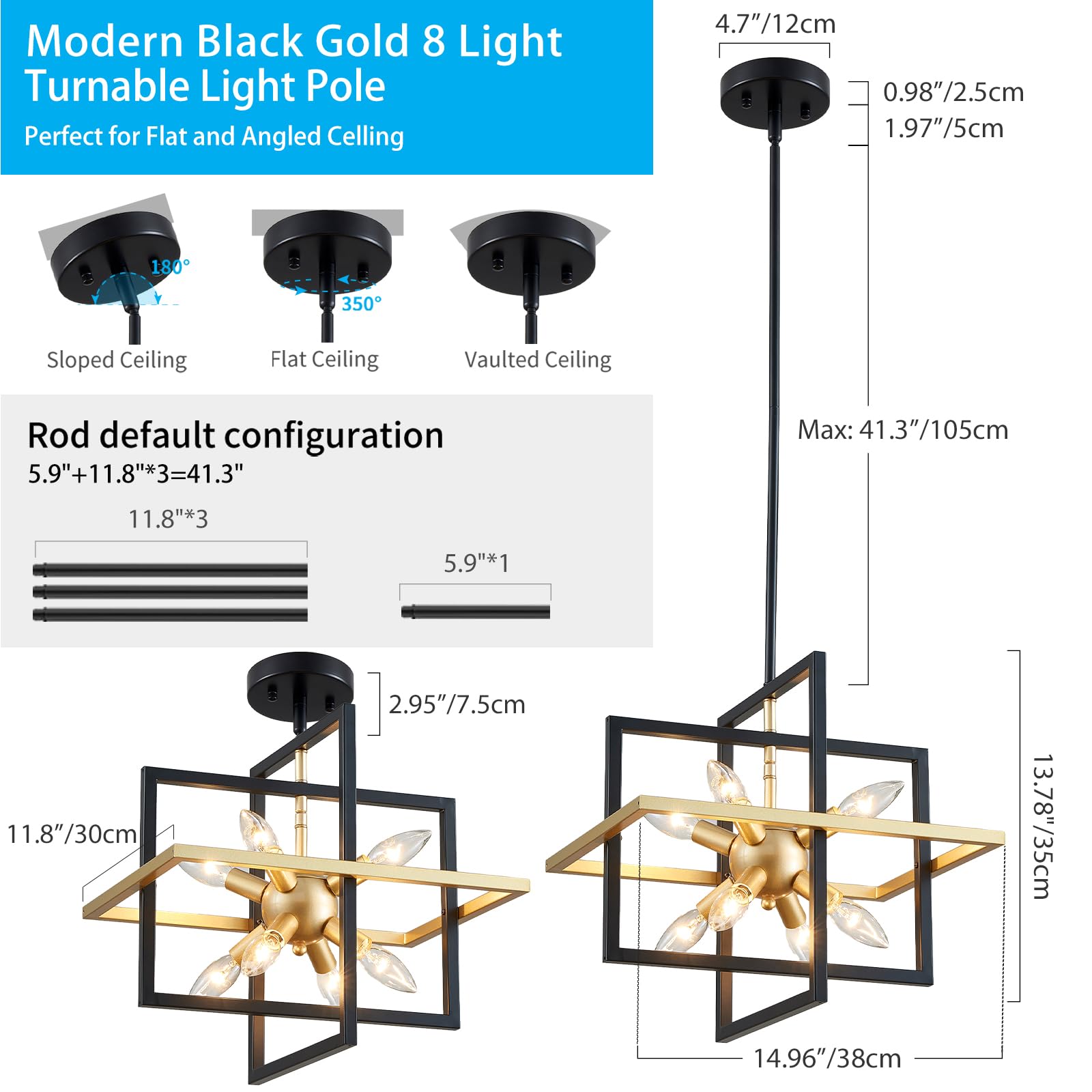 Xingqi Modern Geometric Pendant Lighting 8-Light Black And Gold Farmhouse Chandelier Ceiling Light Fixtures For Dining Room Livi