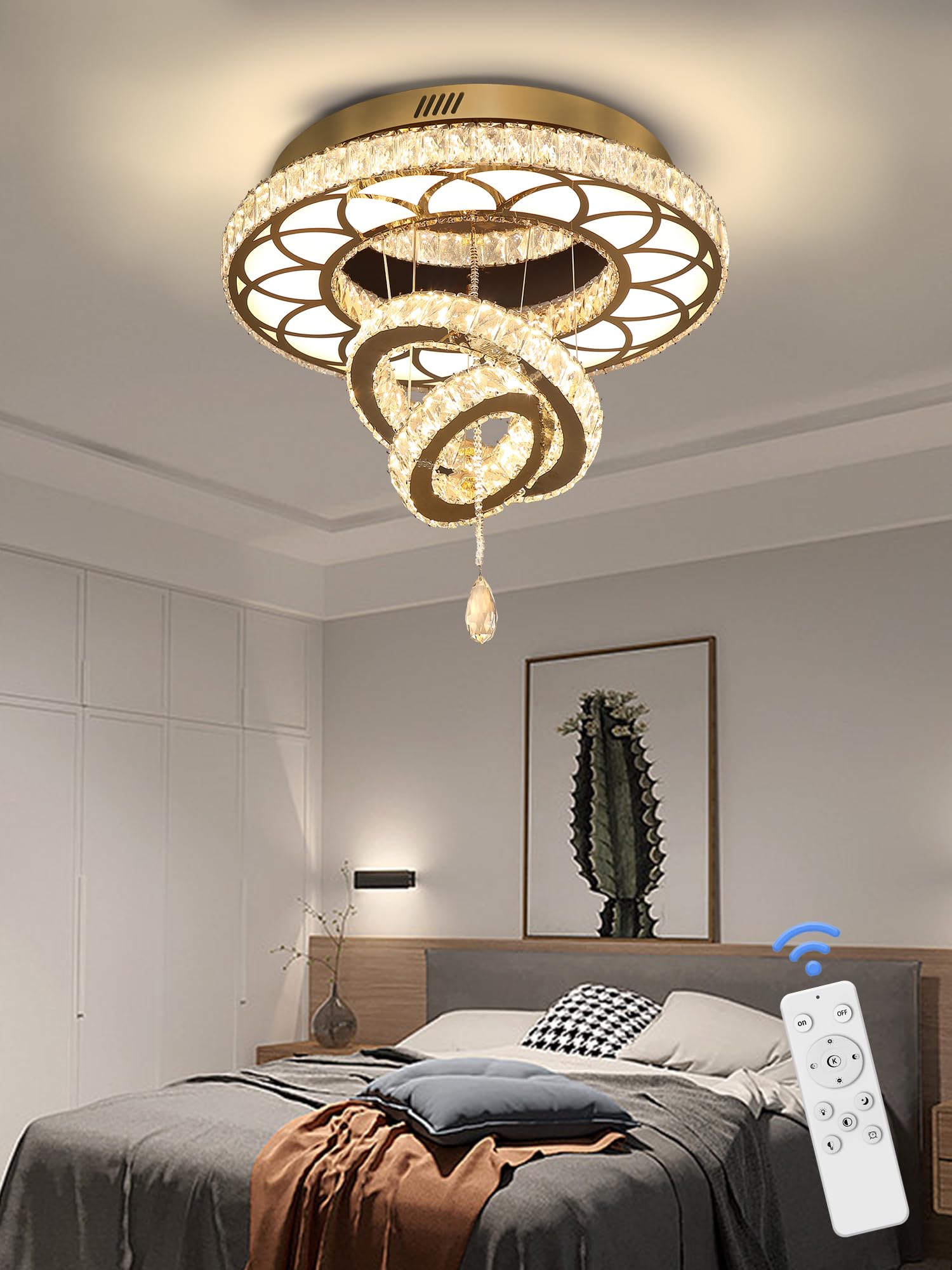 Flashing God 20" Crystal Chandelier LED Flush Mount Light, Gold, Dimmable 2700K/4500K/6000K, Model MMQ0268-50-J