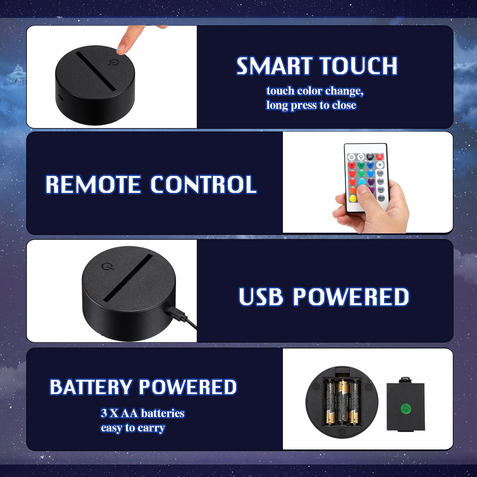 Honoson 3D LED Night Lamp Base Set with 6 Acrylic Sheets, 6 Stands, 6 Remotes, 16 Colors, Clear