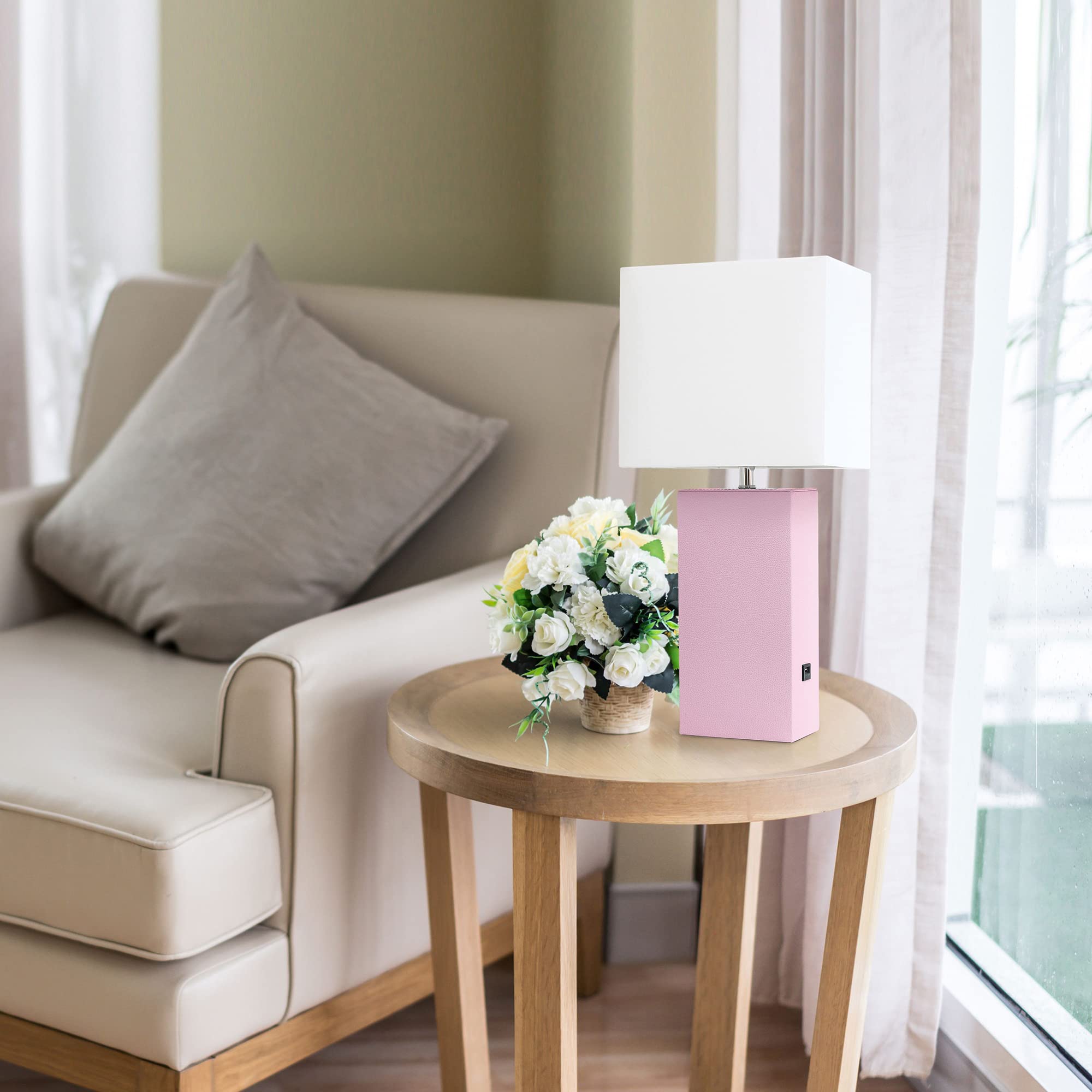 Lalia Home Blush Pink Leather Base Bedside Table Lamp With Usb Charging Port & Fabric Shade