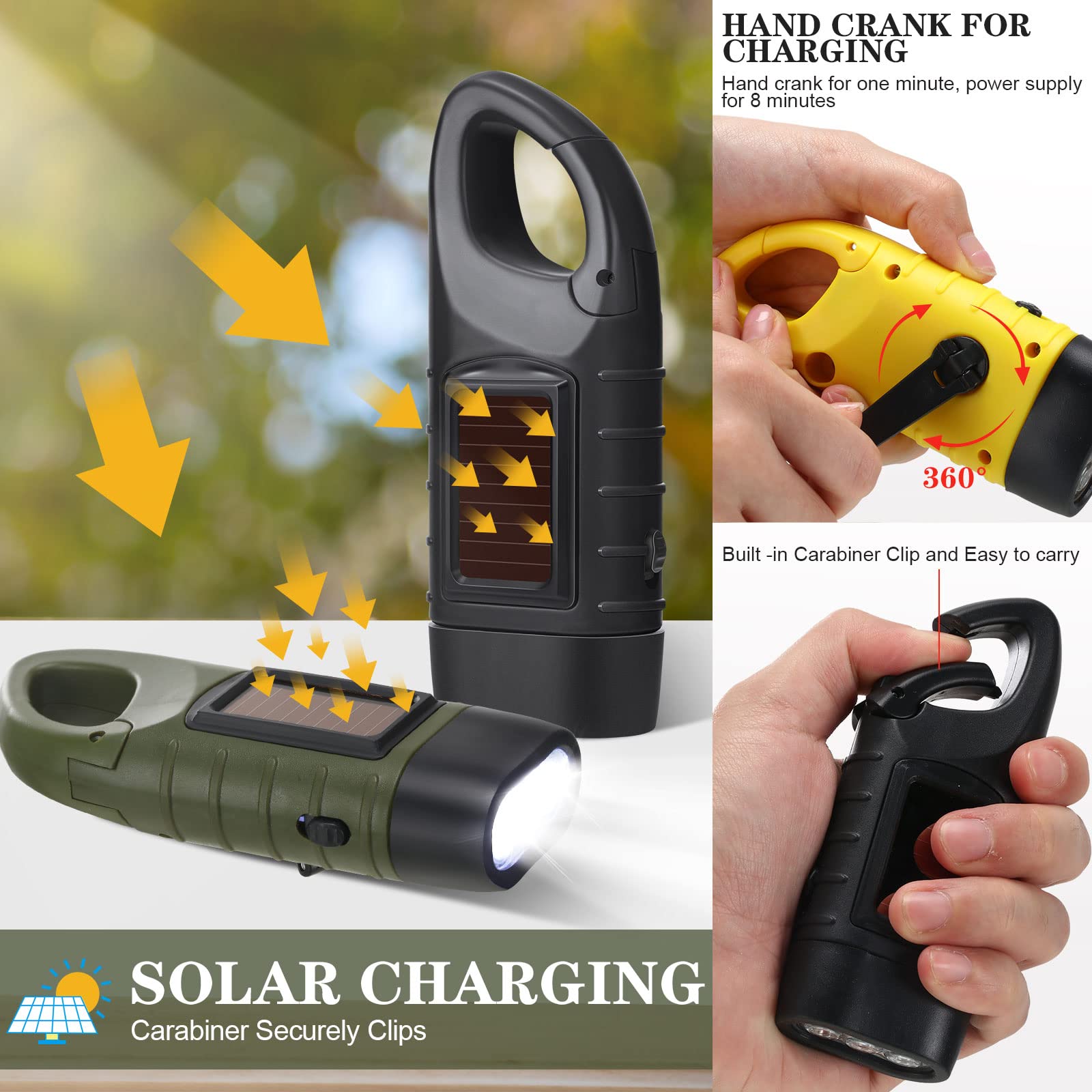 Leelosp 9 Pieces Hand Crank Flashlight Solar Powered Flashlight For Emergencies Dynamo Rechargeable Led Survival Light For Outdo
