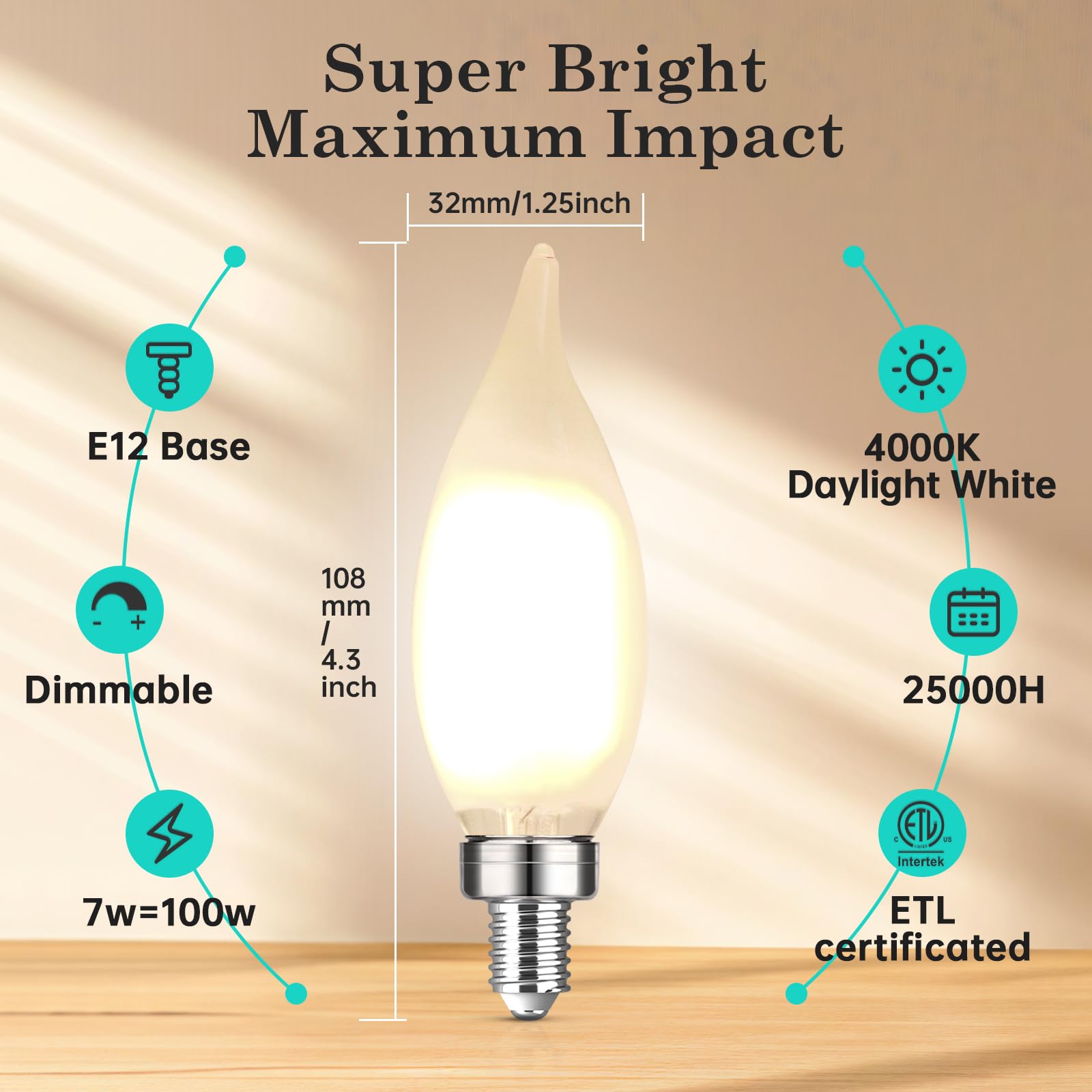 E12 7W Equivalent Frosted Led Candelabra Bulb, Ca10 Candle, 4000K Bright White, Dimmable Small Base, Ideal For Living Rooms, Din