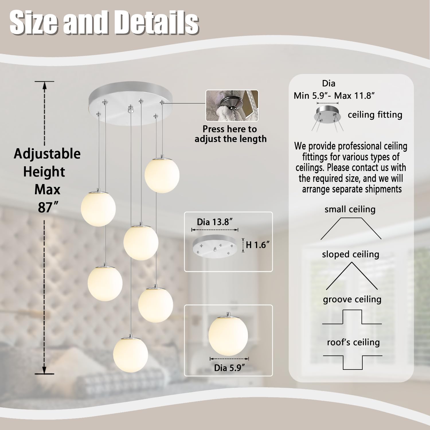 ykolupty 6-Light Silver Chandelier with White Globe Glass - Dimmable Ceiling Light for Kitchen Island, Dining Room, LED Bulbs Included