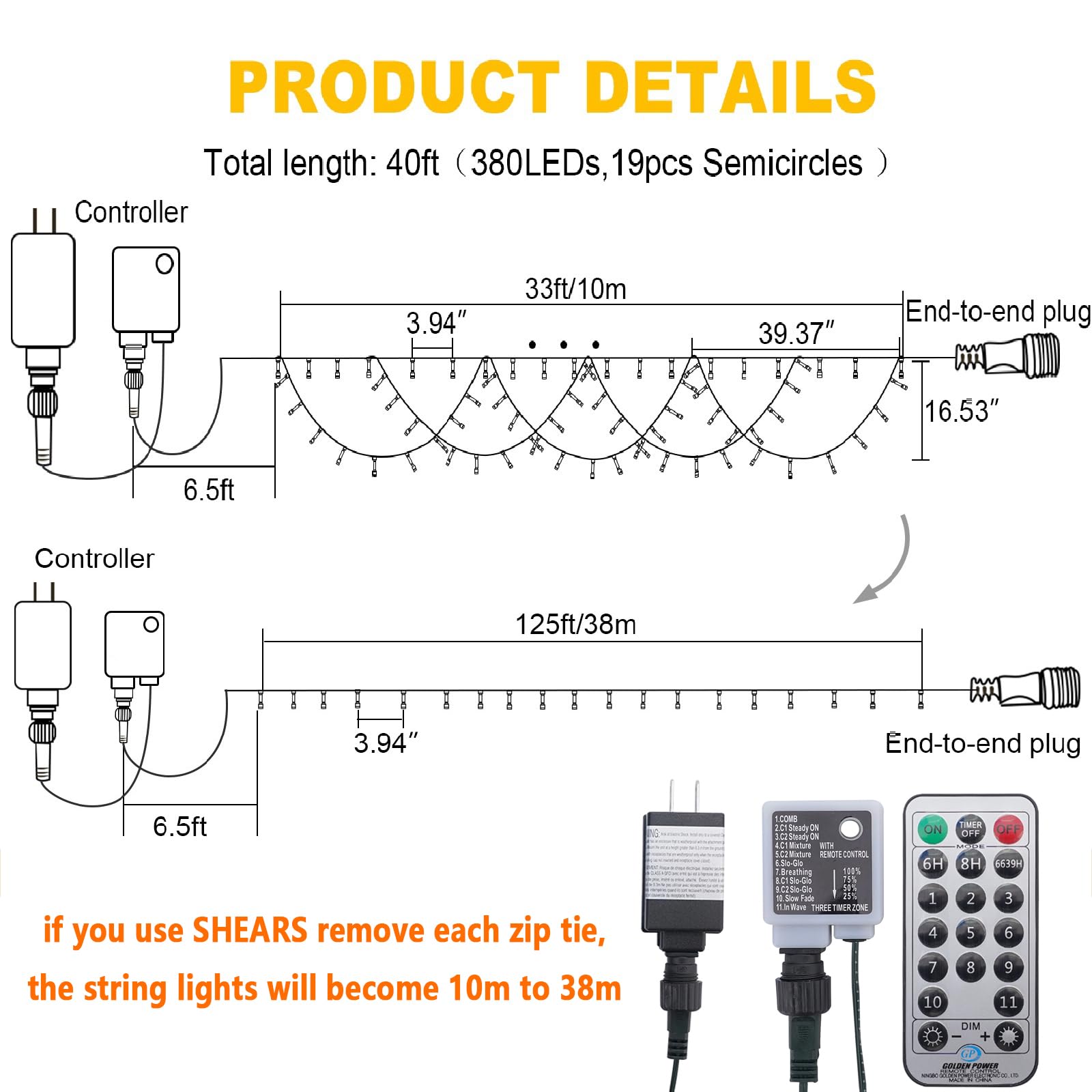 Kazoku Christmas Light Outdoor 380Led 40Ft Waterproof Fairy String Lights Extendable Half-Round Christmas Lights Remote Control