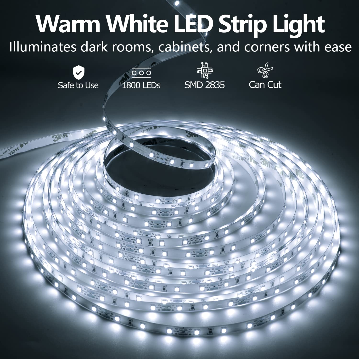 ollrieu LED Strip Lights 100ft, Dimmable 6000K Bright White, 1800 LEDs, Flexible Ribbon Light, Model OL001030-01-US