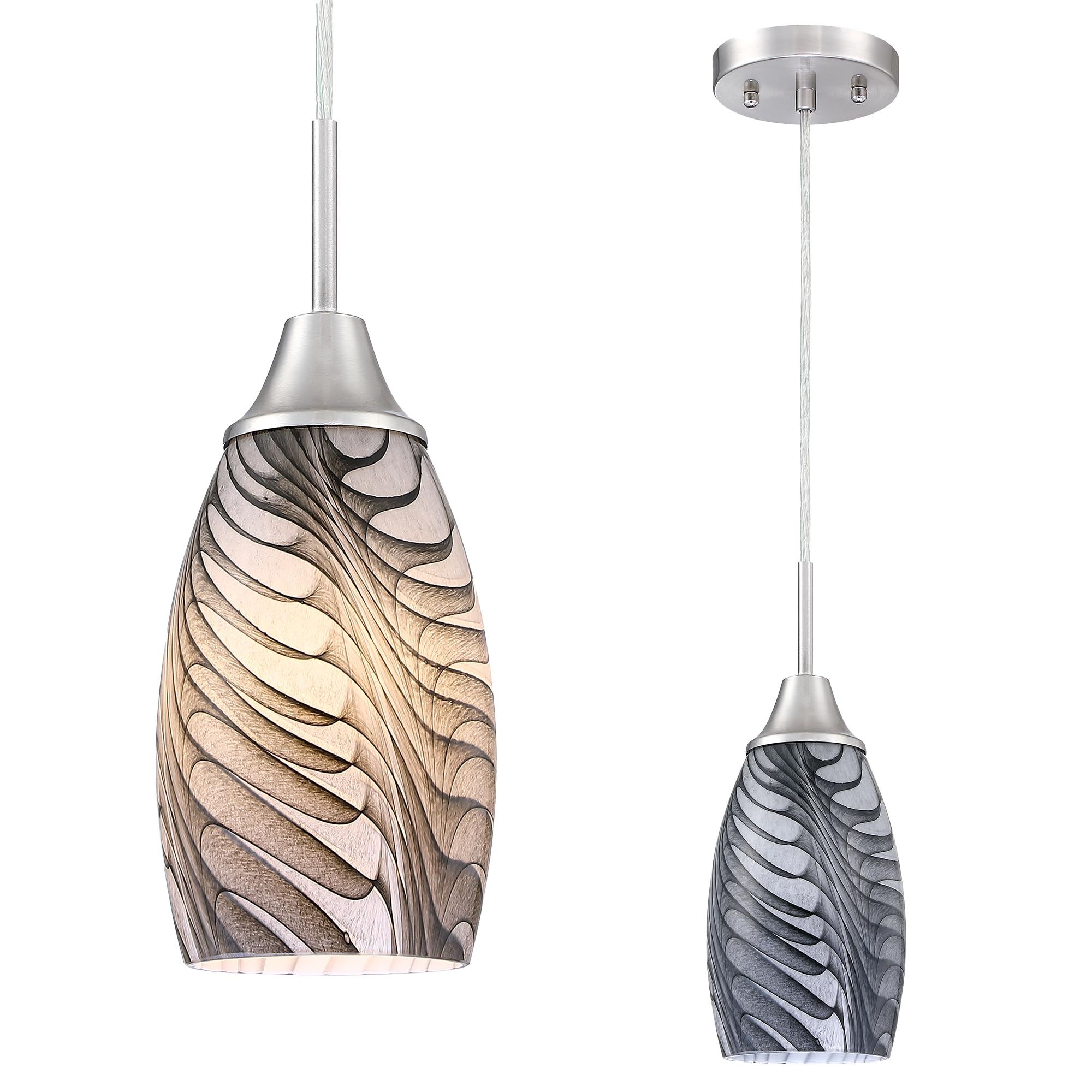 Viinew Mini Glass Pendant Light 1-Light 4.72'' Hwith Handblown Black and Gray Marble Art Oval Glass Lamp Ceiling HangingLight,fo