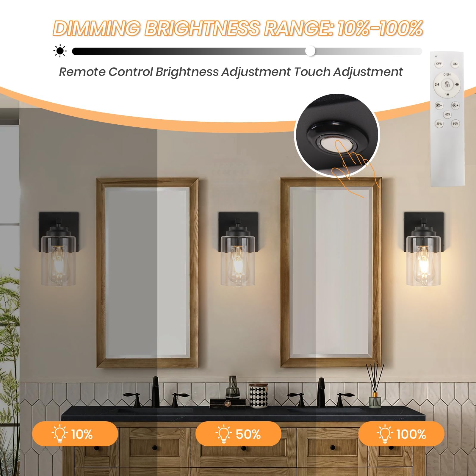 Loiogohot Wireless Battery Operated Wall Sconce Set of 2, Infinitely Dimmable with Remote Control, Black, Model WL-BN2416