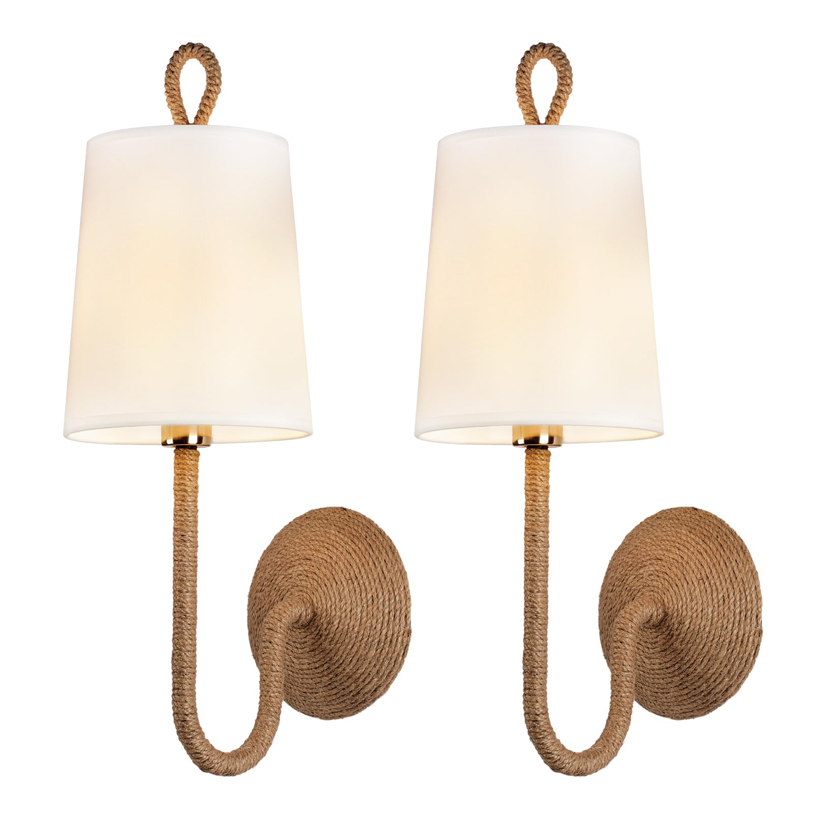 HILUXIA Natural Rattan Wall Sconce Set of 2: Boho Coastal Rope Woven Lamps with Linen Fabric Shades for Living Room, Bedroom, Be
