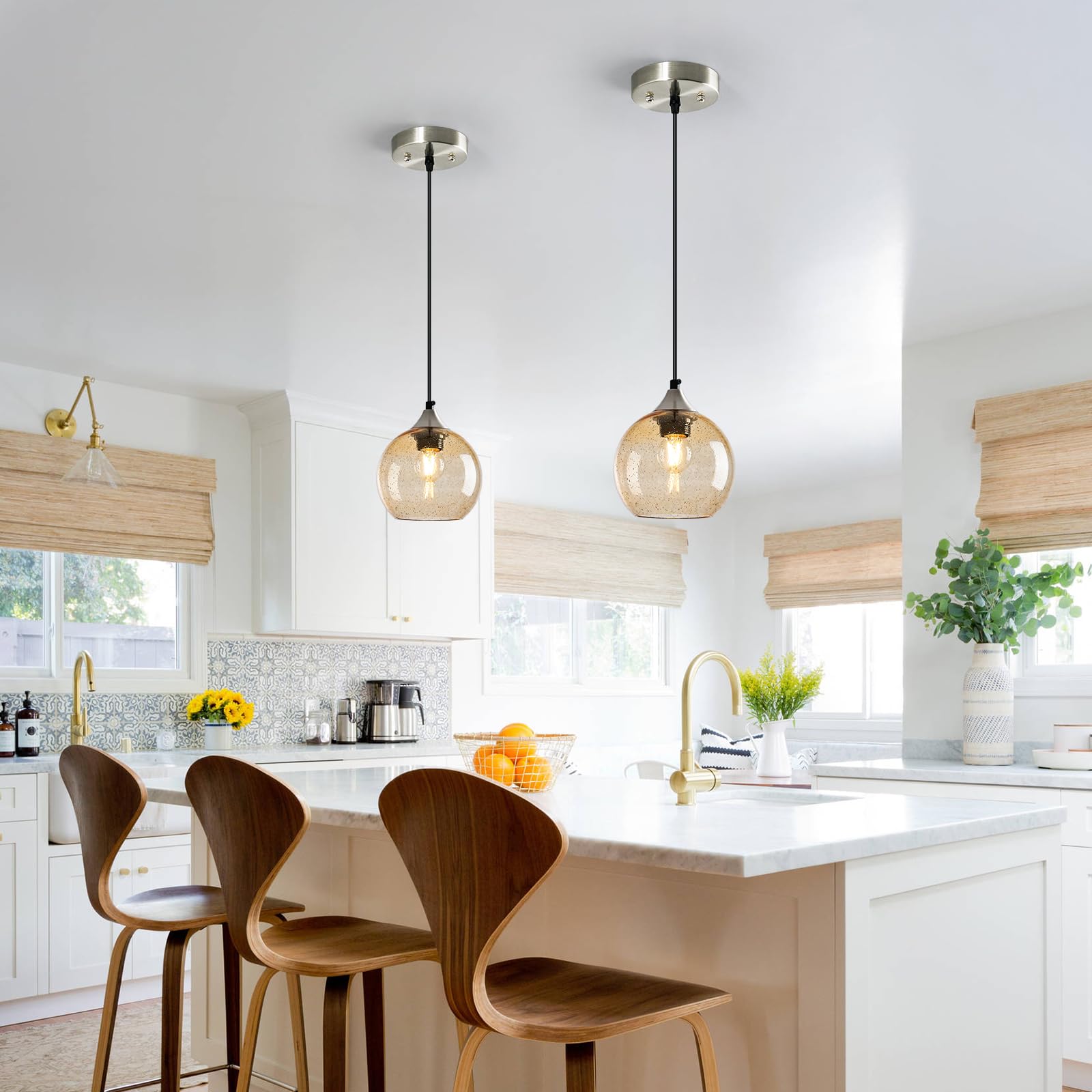 Lbsqj Light Brown Glass Pendant Lights Kitchen Island Globe Pendant Light Fixtures Modern Pendant Lighting For Bedroom Living Dining Room Light Fixture (5.9 In  2 Pack)