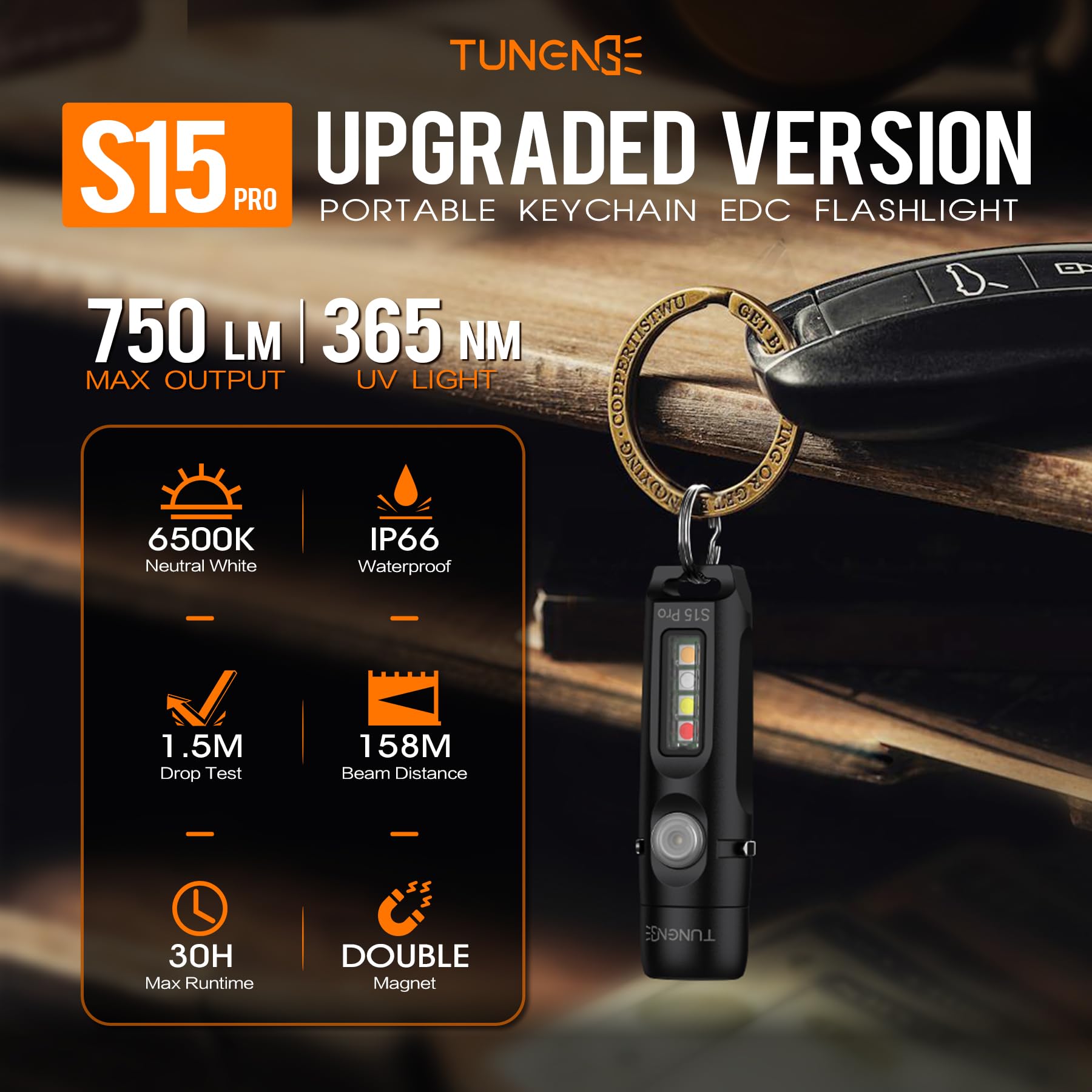 TUNENGE S15Pro Keychain Flashlight,750 High Lumen EDC Pocket Flashlight with Clip,USB C Rechargeable Mini Flashlight with Magnet