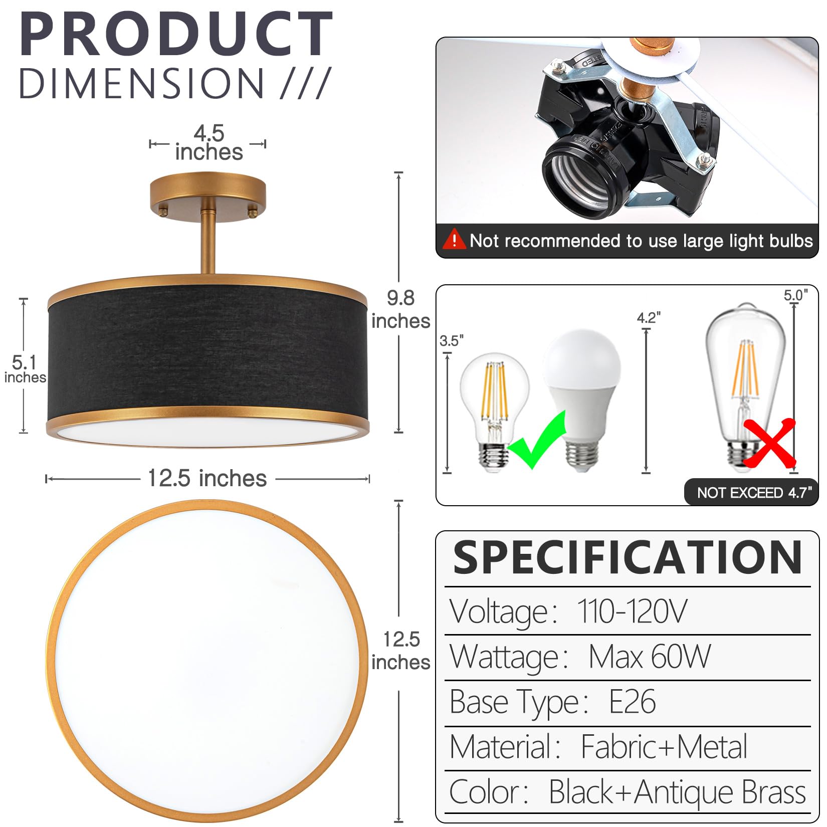 Bargeni Semi Flush Mount Ceiling Light,12.5 Inch Ceiling Light Fixture,Gold Flush Mount Light Fixture With Black Fabric Drum Sha