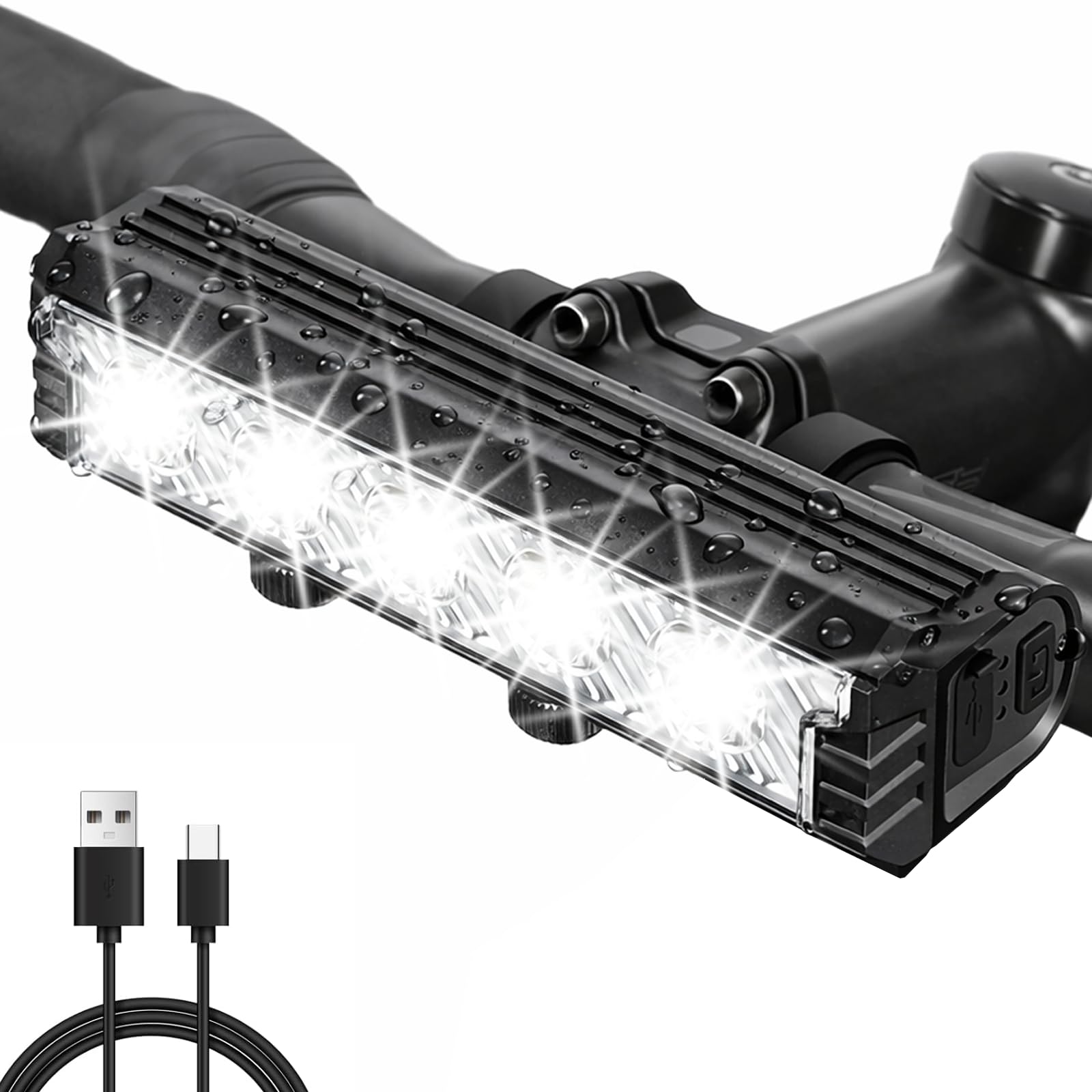 Ebike Headlight, 2800 Lumens Bike Light Bar with 5 LEDs, USB Rechargeable 6400mAh Ebike Light, 5 Modes, IPX5 Waterproof, Easy to