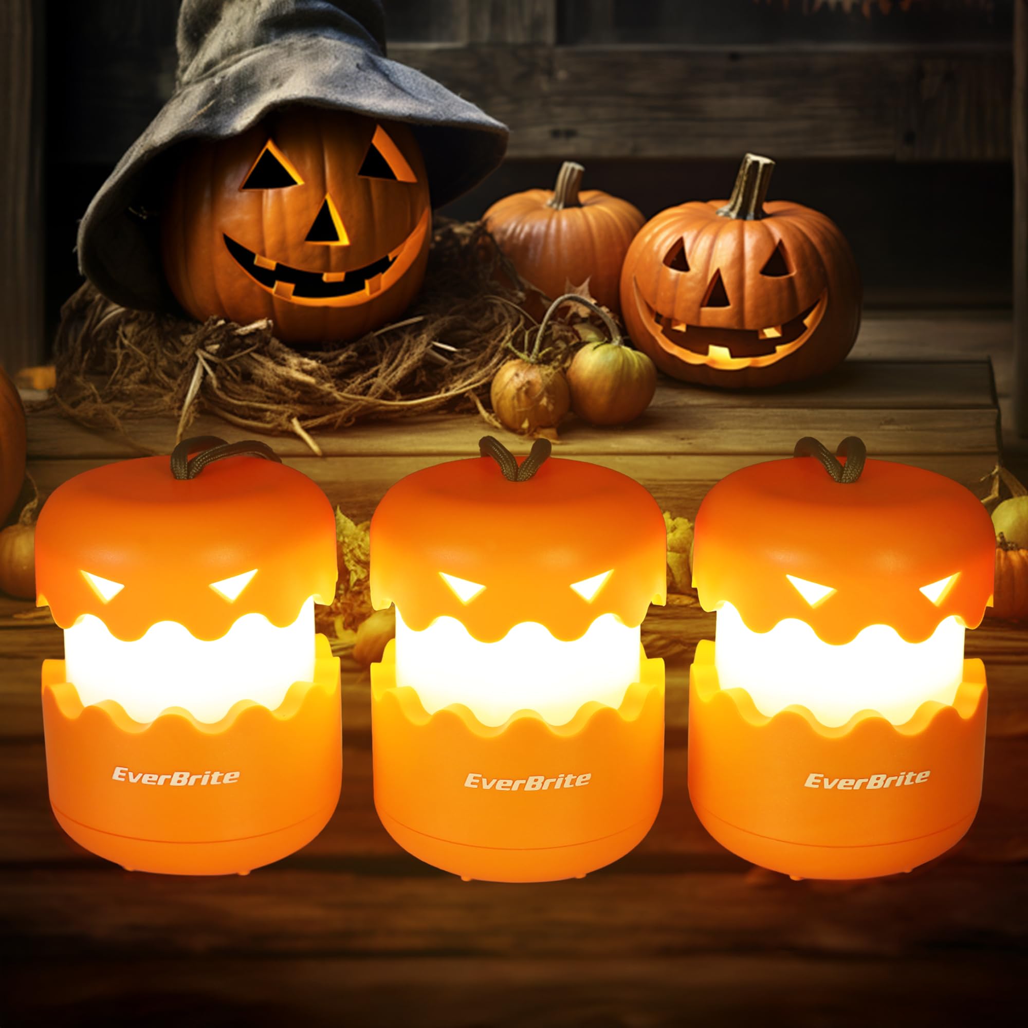 EverBrite 3-Pack Collapsible Halloween Pumpkin Lanterns, Orange ABS Light-Up Jack O' Lanterns for Kids, Model E041044A