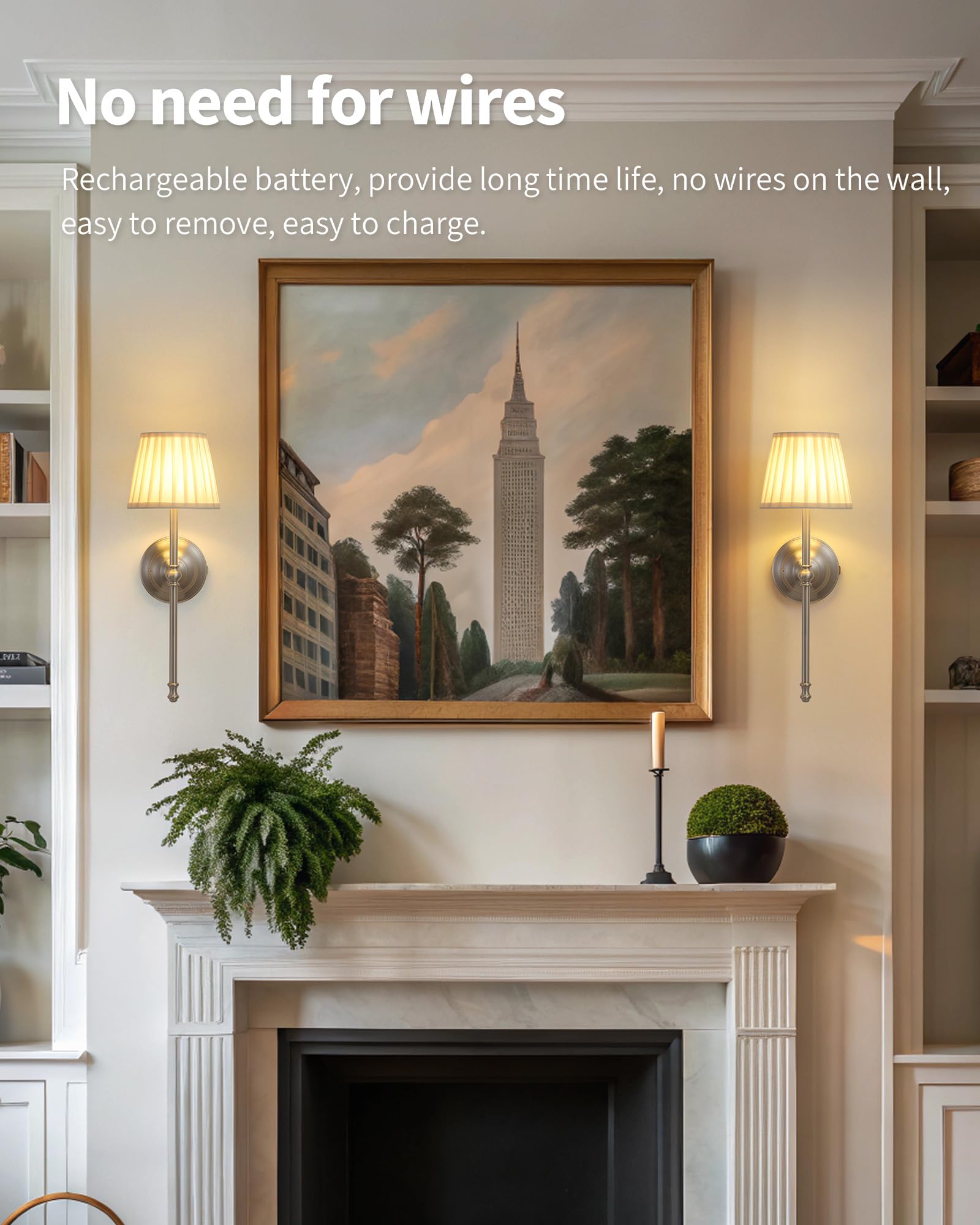 KDG Cordless Wall Sconces Set of 2, Rechargeable LED Lamps, Nickel + Beige, Model AMZ-TBL-034